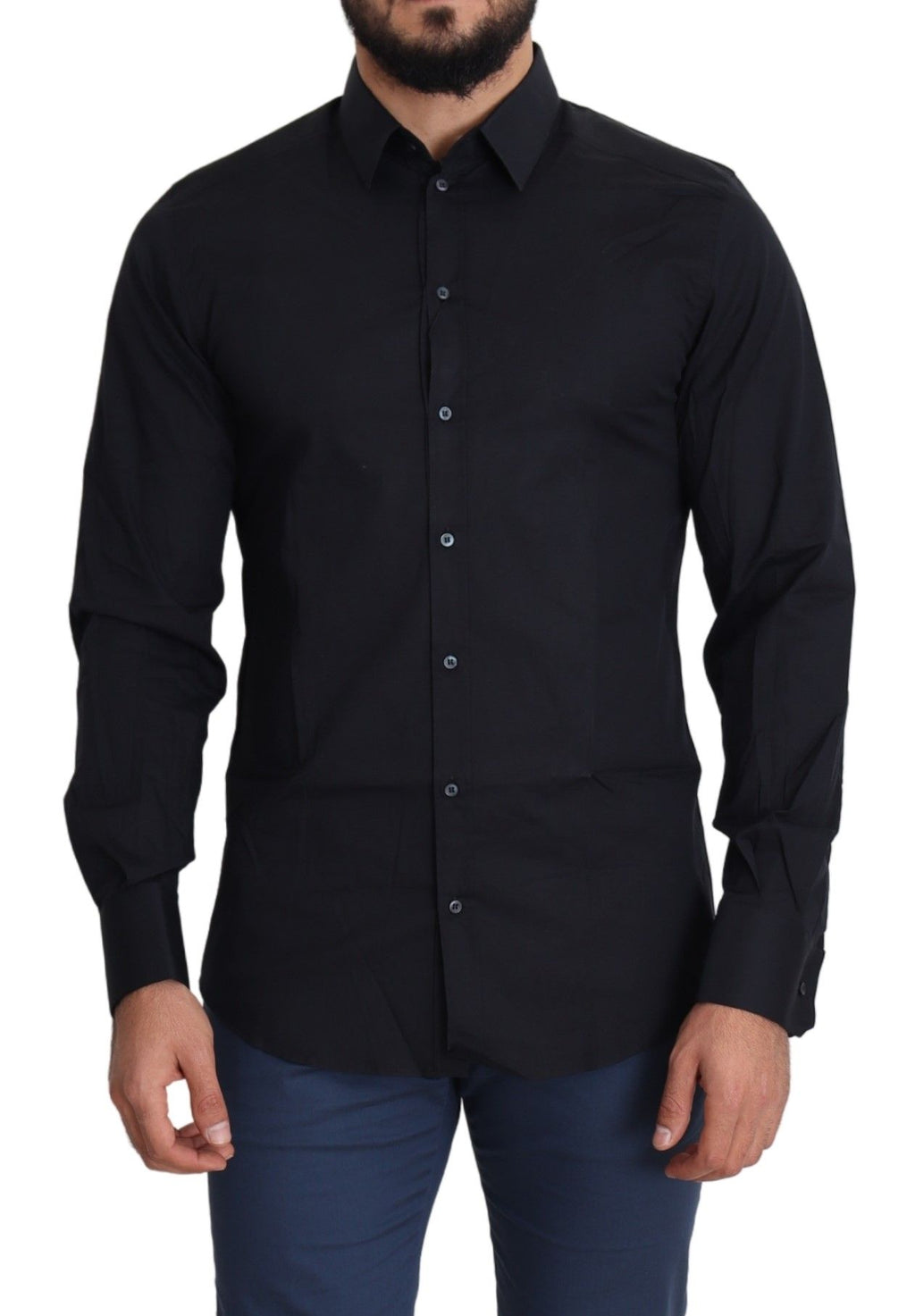 Chemise formelle en coton bleu Dolce & Gabbana avec détails dorés, élégante et sophistiquée pour homme.