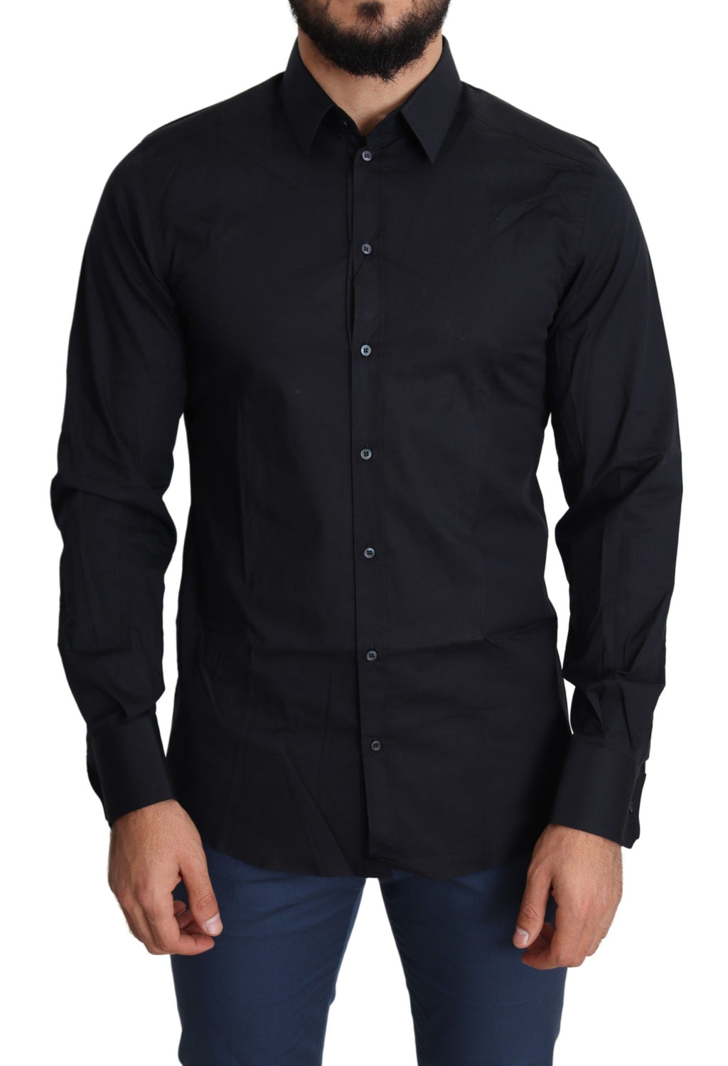 Chemise formelle en coton bleu Dolce & Gabbana avec détails dorés, élégante et sophistiquée, vue de face.