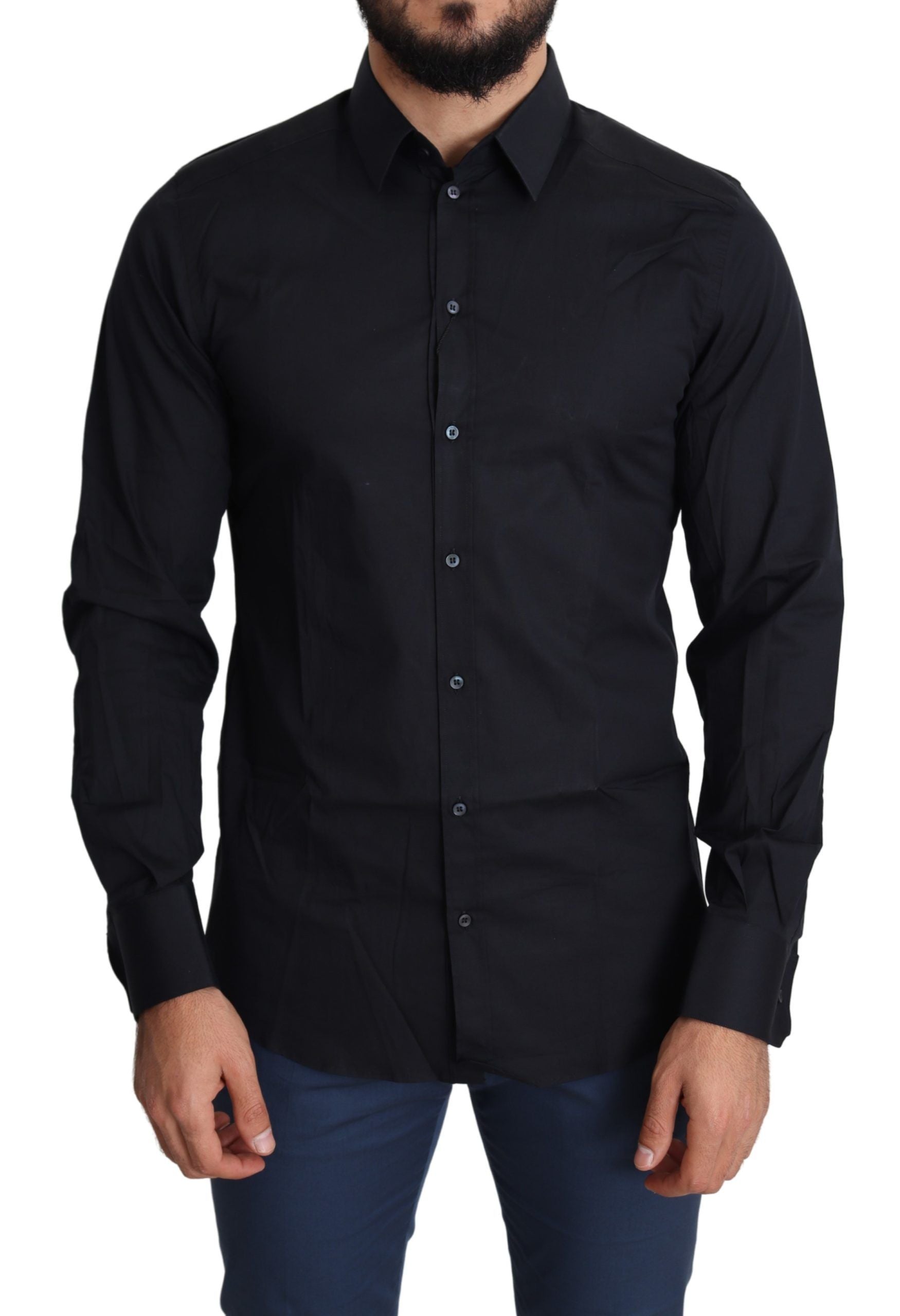 Chemise formelle en coton bleu Dolce & Gabbana avec détails dorés, élégante et sophistiquée, vue de face.