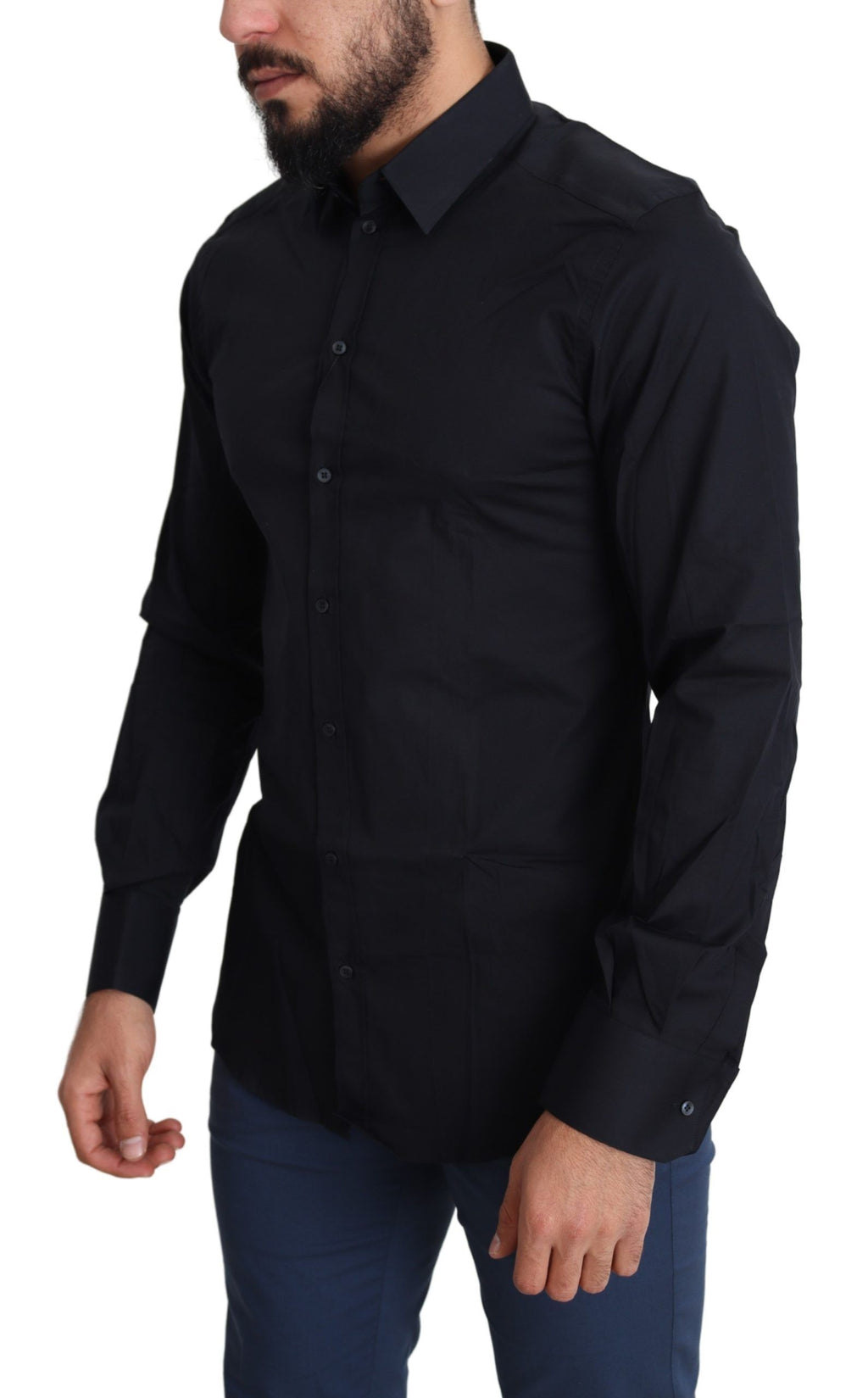 Chemise formelle en coton bleu Dolce & Gabbana avec détails dorés, élégante et sophistiquée, vue en gros plan.