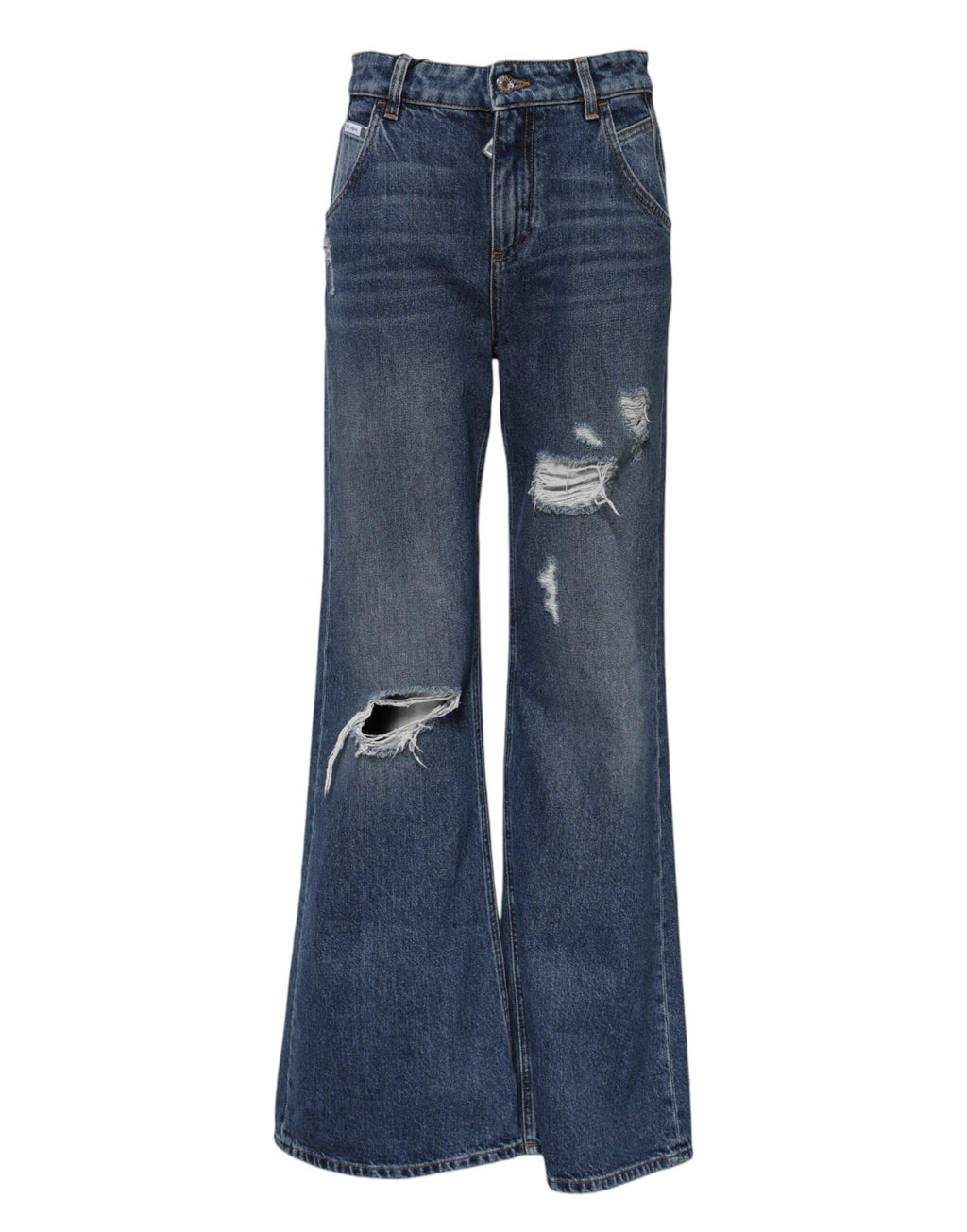 Jeans en denim tissé bleu Dolce & Gabbana avec coupe large et ourlets effilochés, denim déchiré et détails tendance.