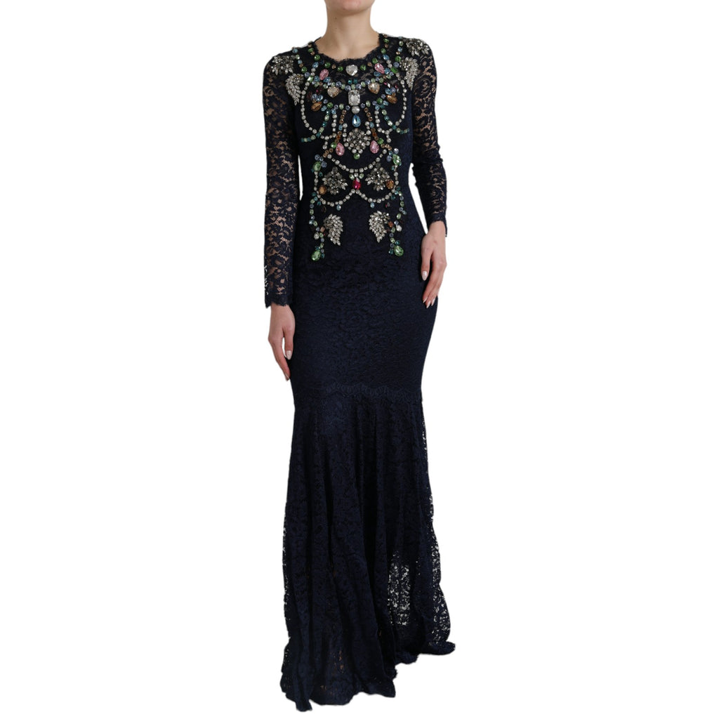 Robe longue en dentelle bleue avec cristaux et motifs floraux de Dolce & Gabbana, élégante et sophistiquée.
