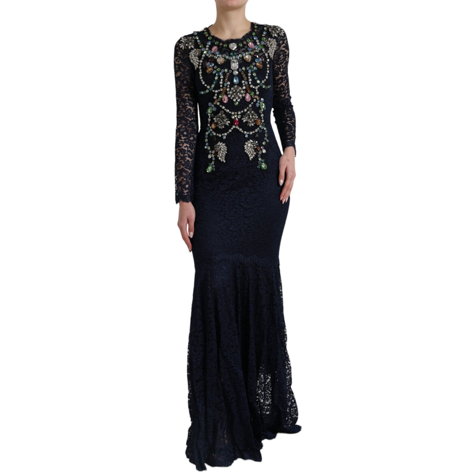 Robe longue en dentelle bleue avec cristaux et motifs floraux de Dolce & Gabbana, élégante et sophistiquée.