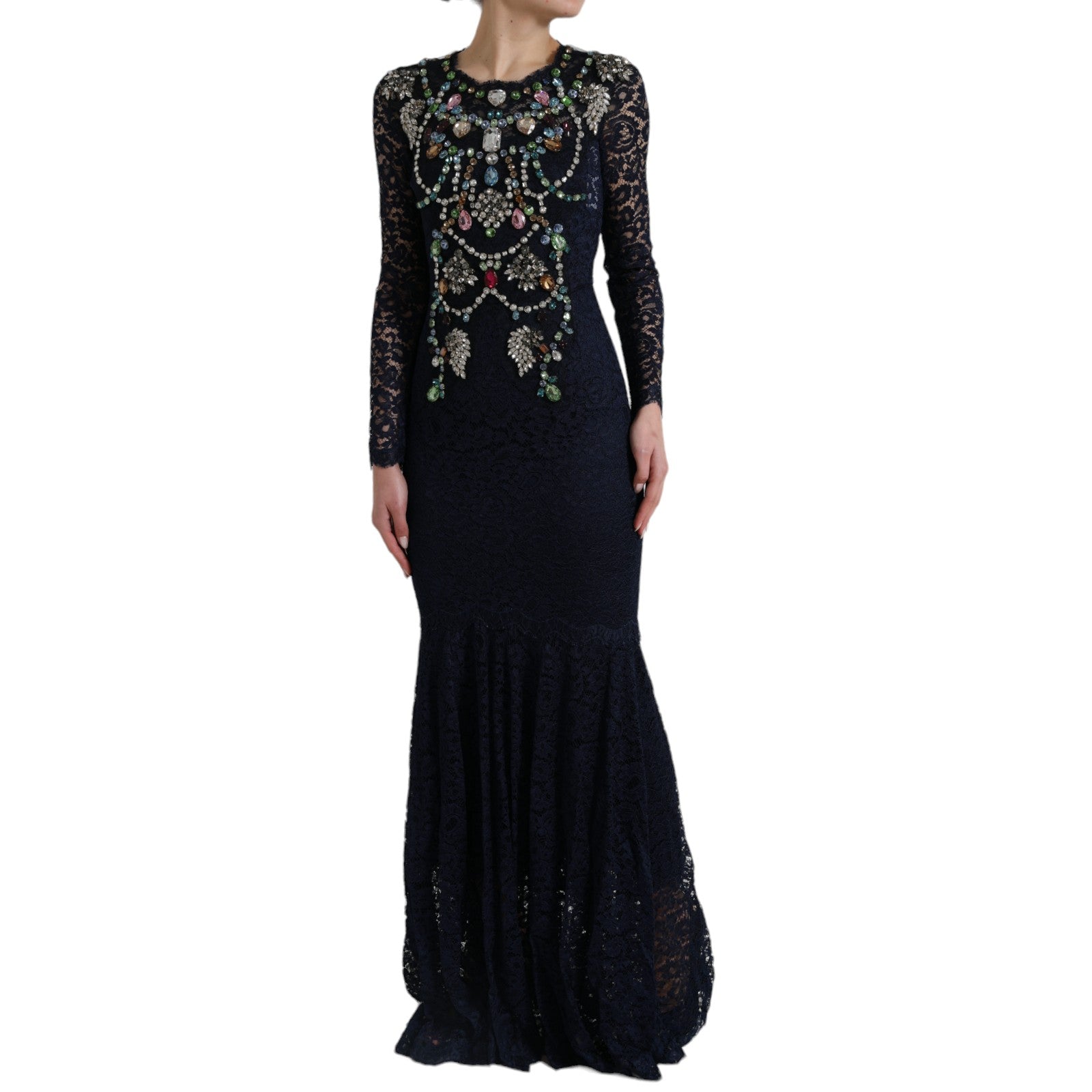 Robe longue en dentelle florale bleue de Dolce & Gabbana avec cristaux, élégante et raffinée.