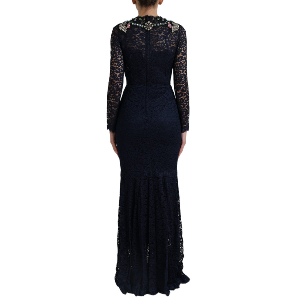 Robe longue en dentelle florale bleue avec cristaux, création Dolce & Gabbana, élégante et sophistiquée.
