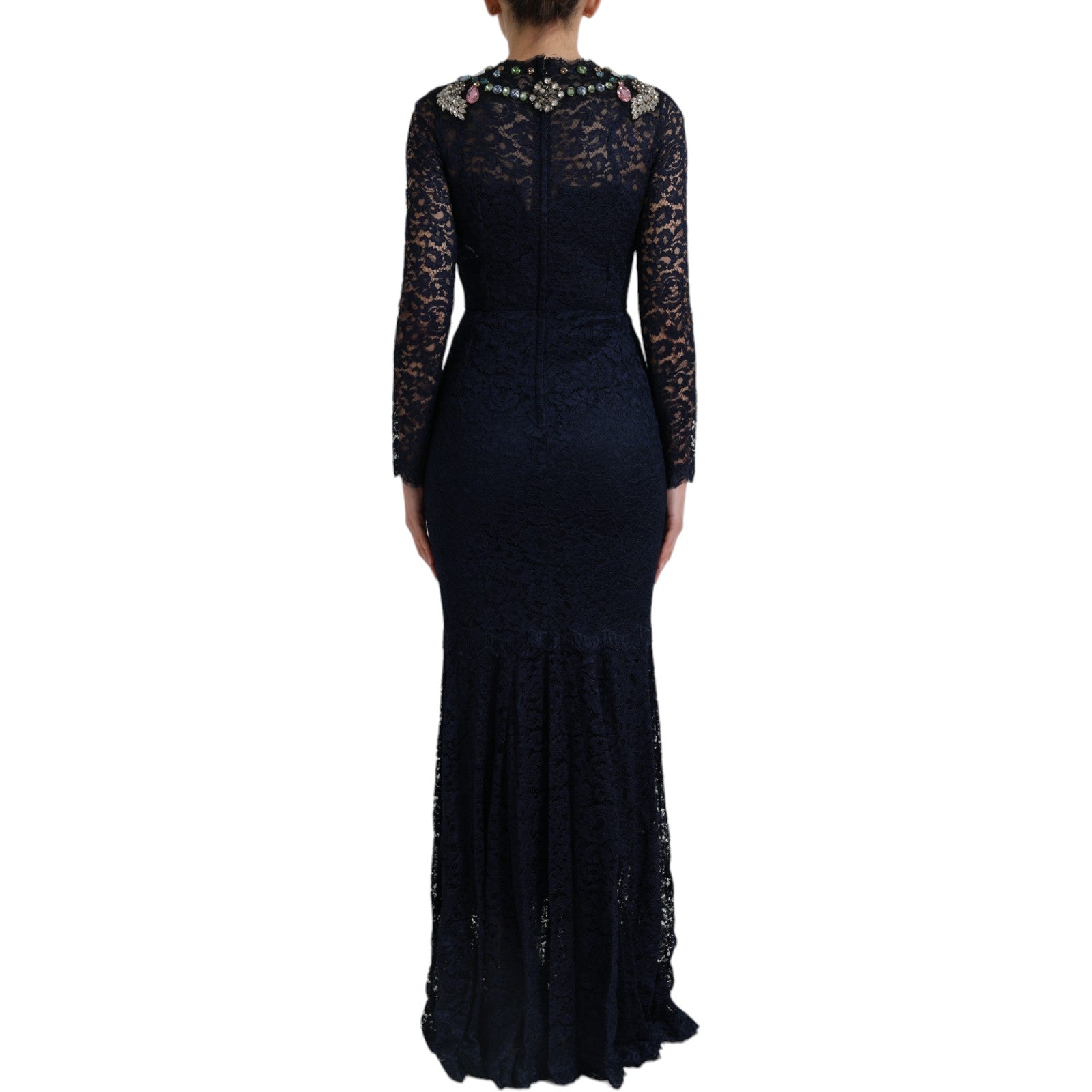 Robe longue en dentelle florale bleue avec cristaux, création Dolce & Gabbana, élégante et sophistiquée.