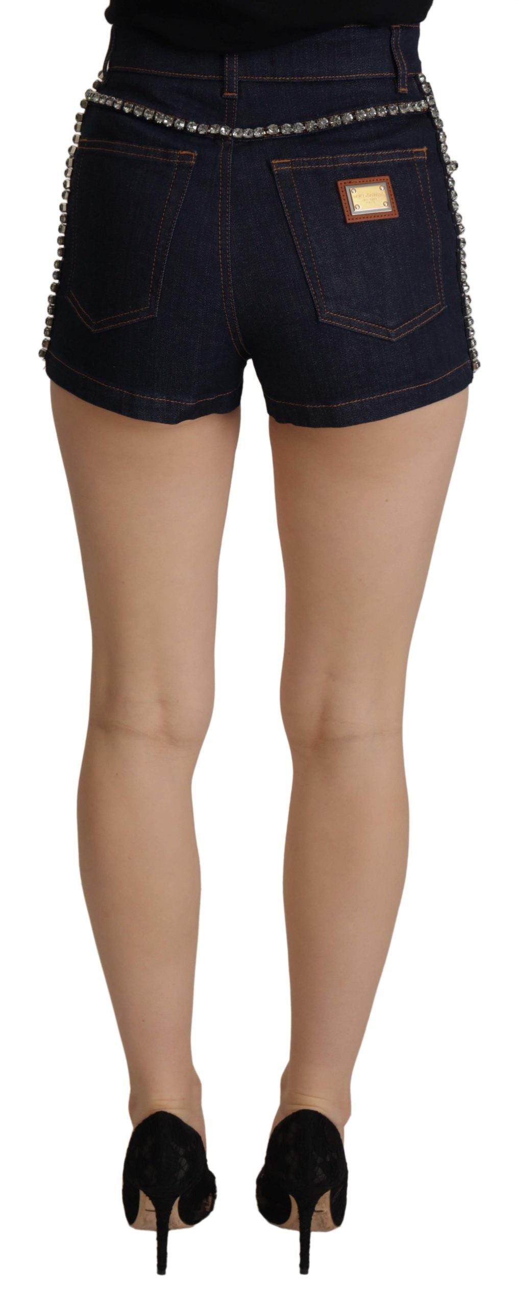 Shorts en denim bleu Dolce & Gabbana, taille stretch avec cristaux, style hot pants pour un look tendance.