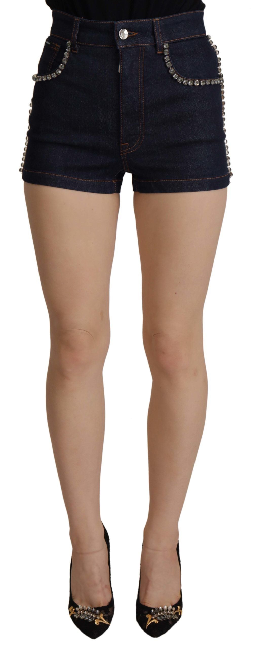 Shorts en denim bleu Dolce & Gabbana avec cristaux, pantalon court en stretch pour femme.