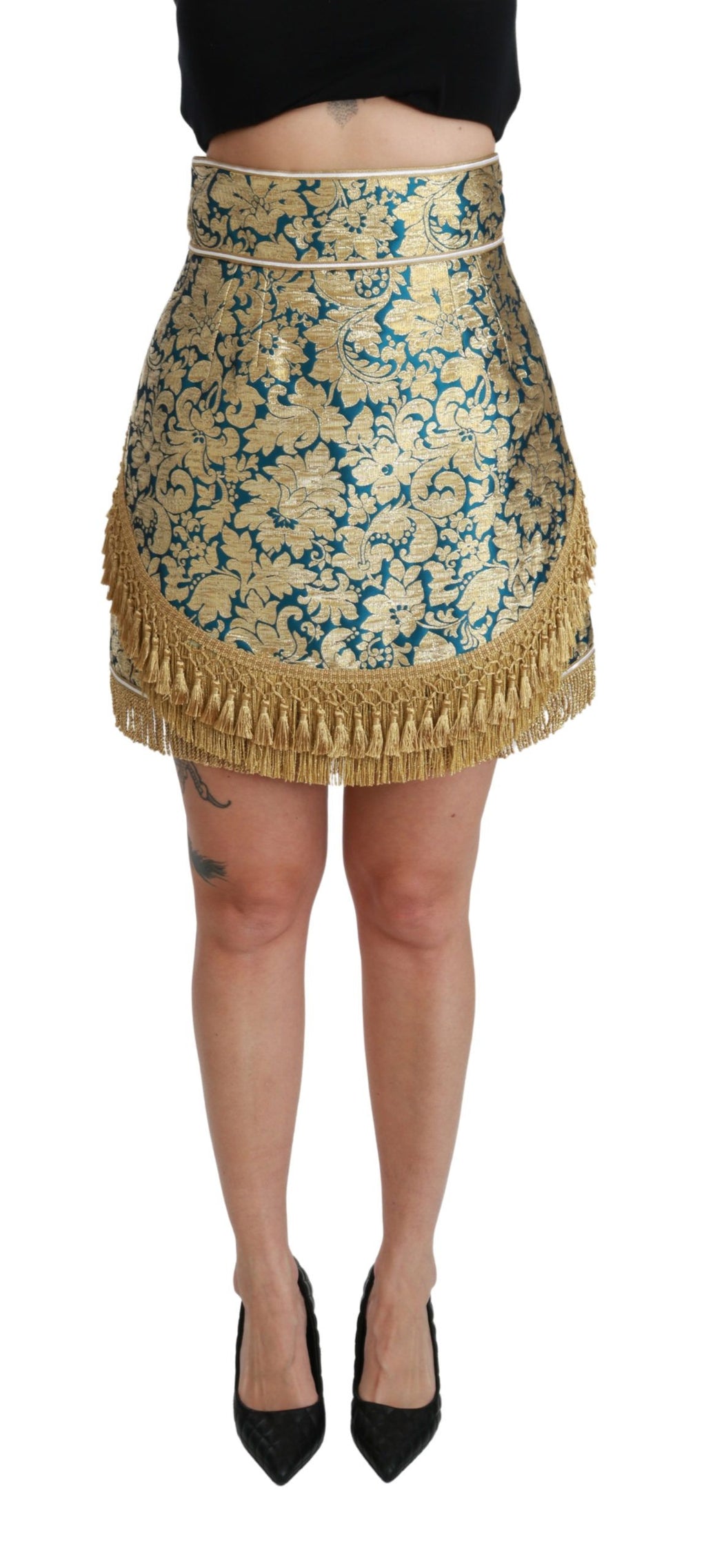 Jupe longue en jacquard bleu à taille haute avec franges dorées, signée Dolce & Gabbana, élégante et sophistiquée.