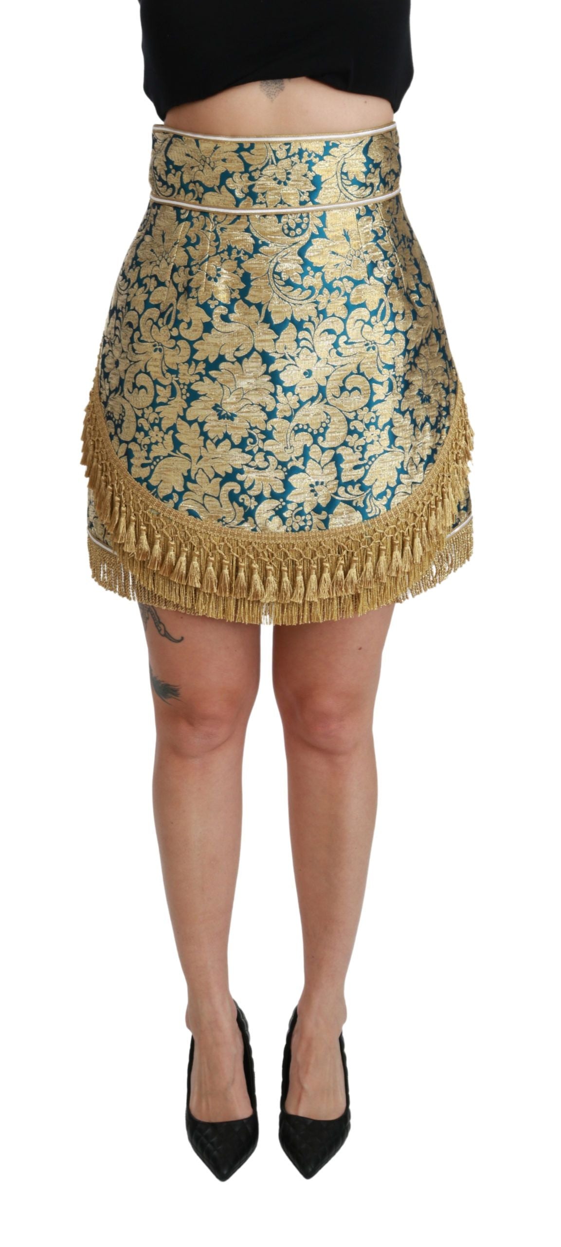 Jupe longue en jacquard bleu à taille haute avec franges dorées, signée Dolce & Gabbana, élégante et sophistiquée.