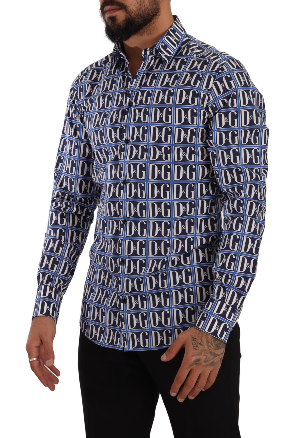 Chemise en coton slim fit Dolce & Gabbana Logo Mania bleue avec logo visible, élégante et moderne.