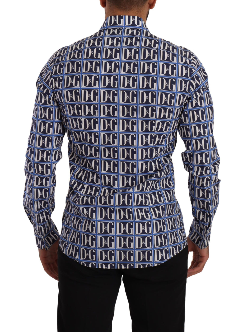 Chemise slim en coton bleu Dolce & Gabbana Logo Mania, vue de face avec détails du logo sur la poitrine.