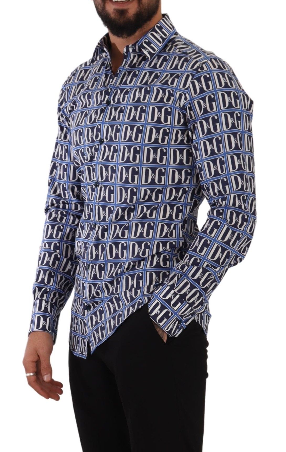 Chemise en coton bleu Dolce & Gabbana Logo Mania à coupe slim, style élégant avec logo distinctif visible.