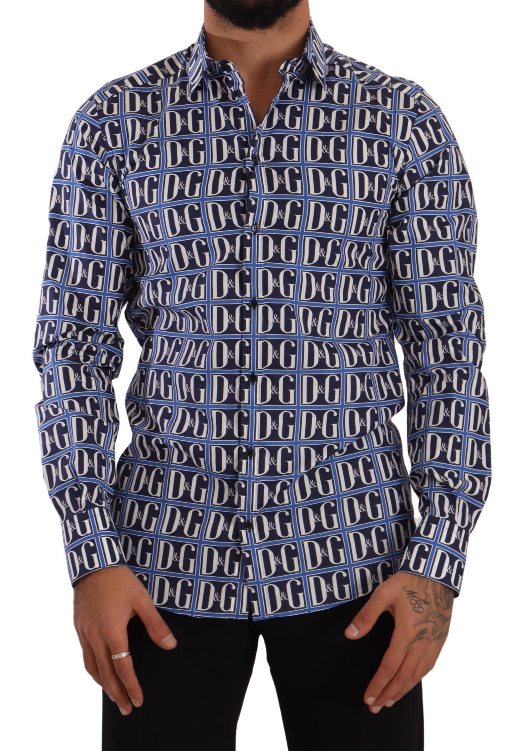 Chemise en coton bleu Dolce & Gabbana Logo Mania coupe slim, style élégant avec logo visible sur le devant.
