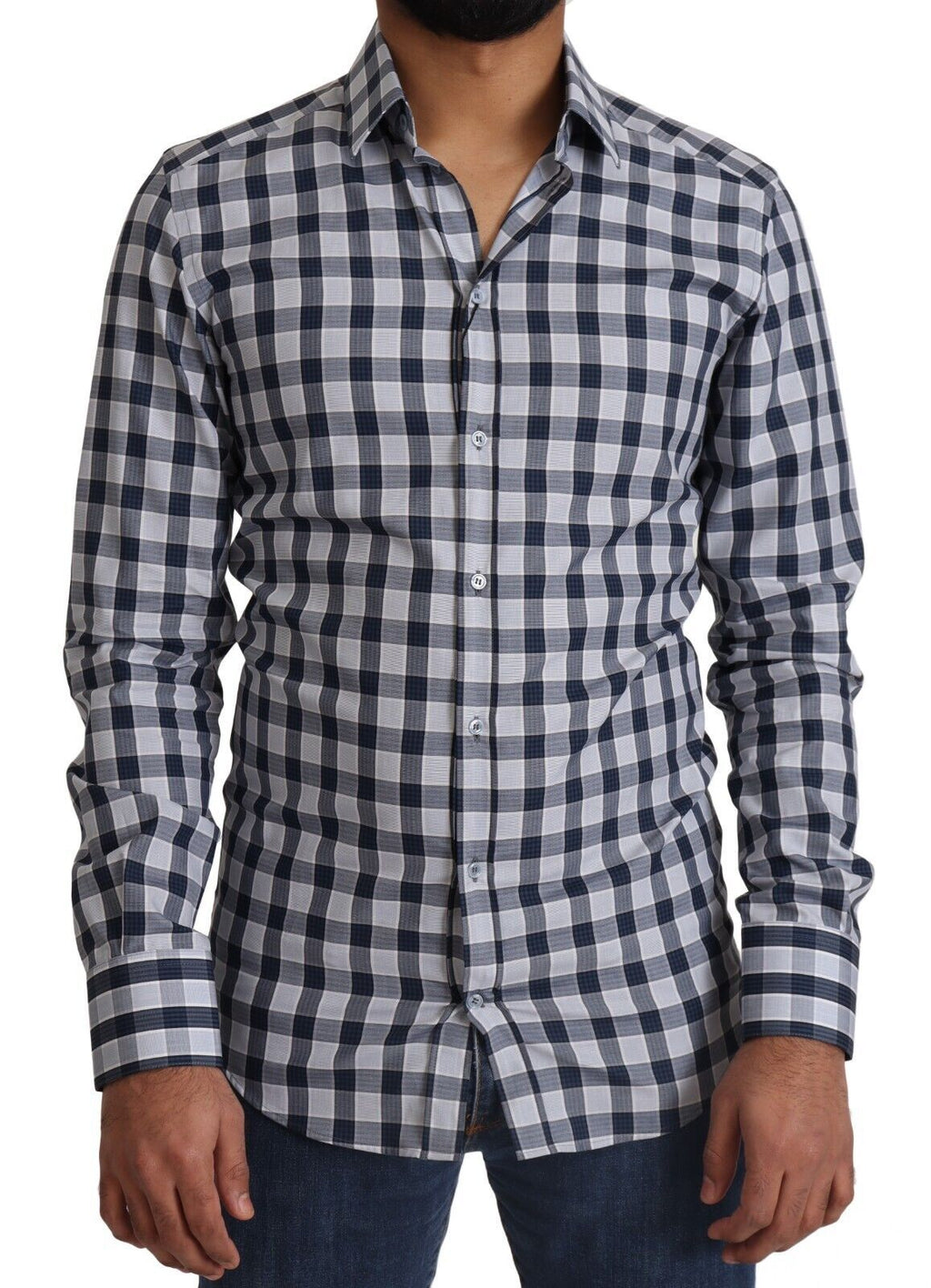 Chemise en coton à carreaux bleu et blanc Dolce & Gabbana, coupe slim, détails dorés, pour homme.