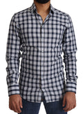 Chemise en coton à carreaux bleu et blanc Dolce & Gabbana, coupe slim, détails dorés, pour homme.