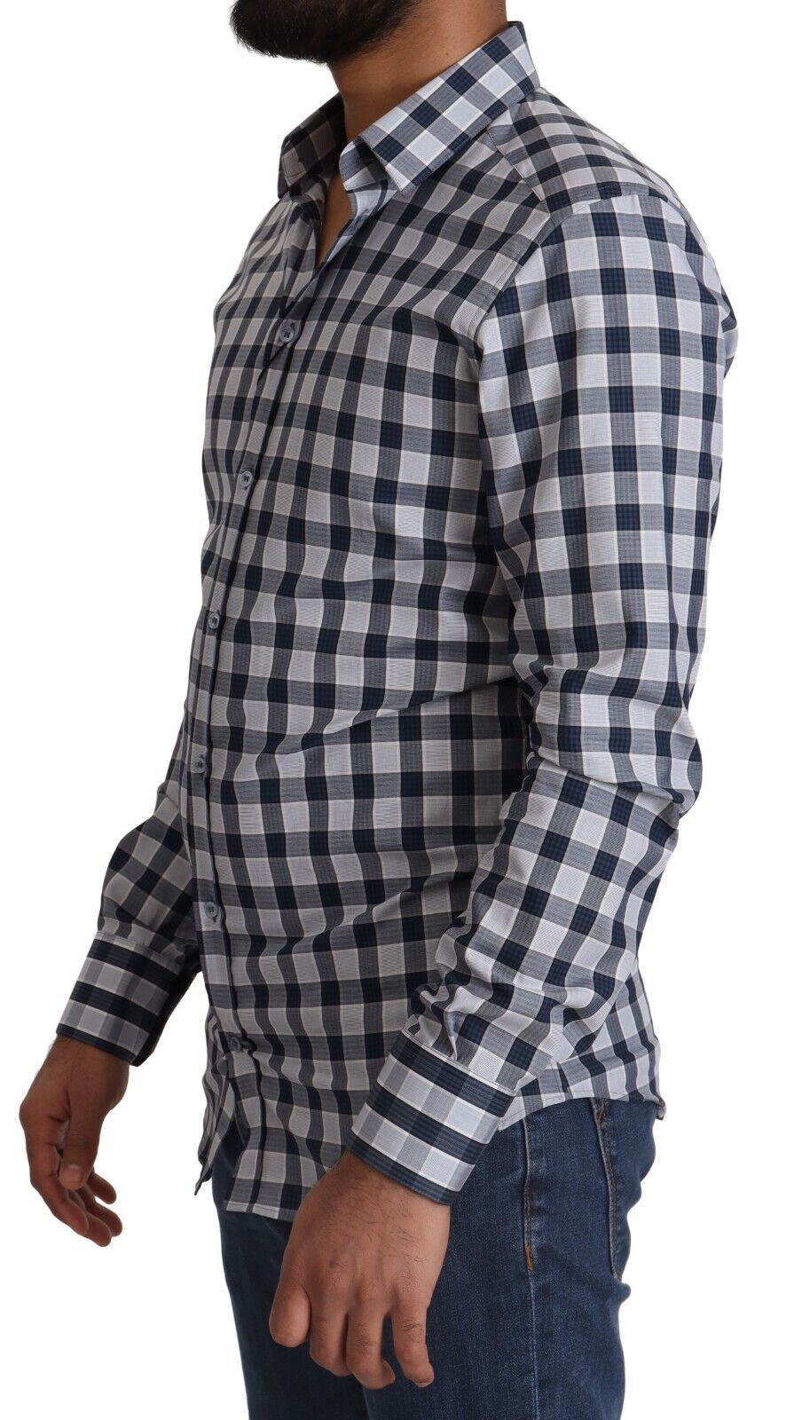 Chemise Dolce & Gabbana en coton à carreaux bleu et blanc, coupe slim, ornement doré, style élégant et moderne.