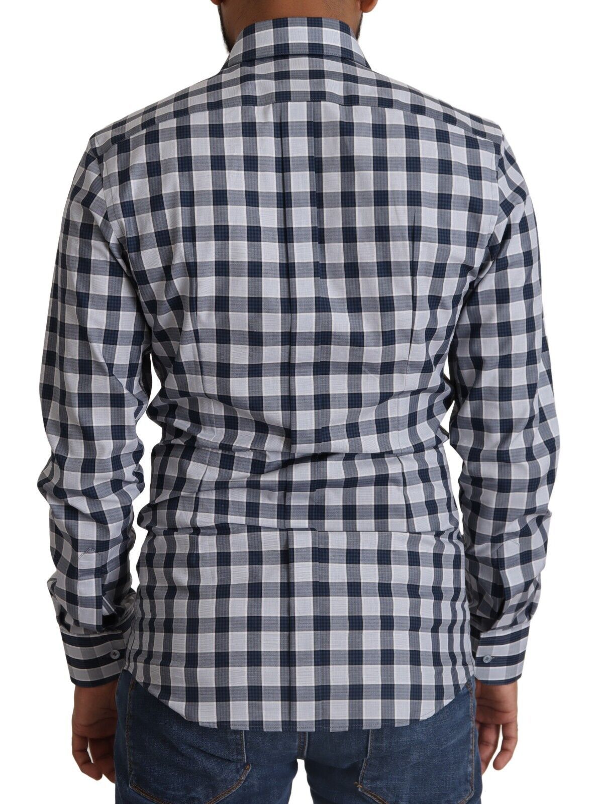 Chemise slim fit en coton à carreaux bleu et blanc de Dolce & Gabbana, avec détails dorés, vue de face.