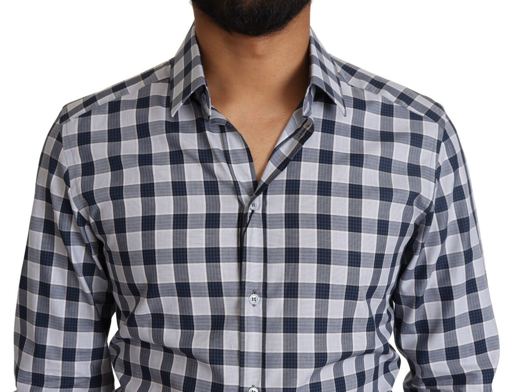 Chemise Dolce & Gabbana en coton à carreaux bleu et blanc, coupe slim, avec détails dorés, vue de face.