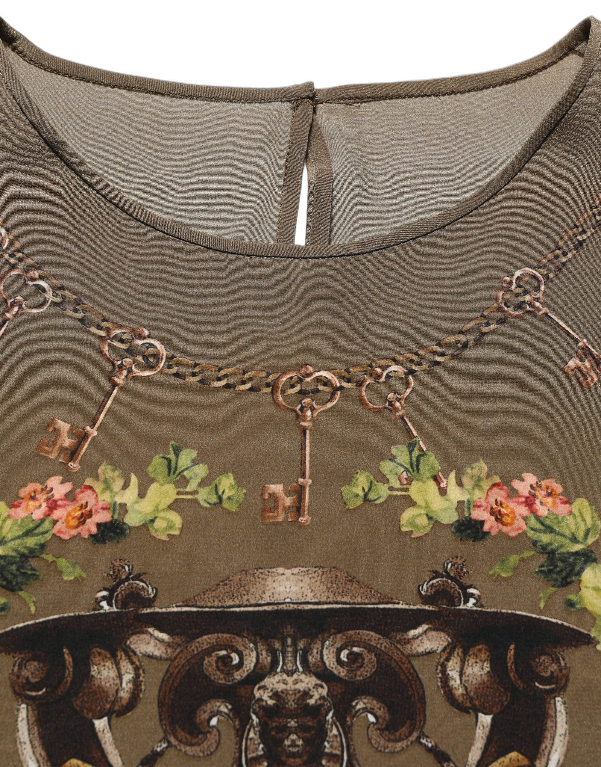 Chemise en soie imprimée de clés et roses Dolce & Gabbana, couleur marron, design élégant et sophistiqué.