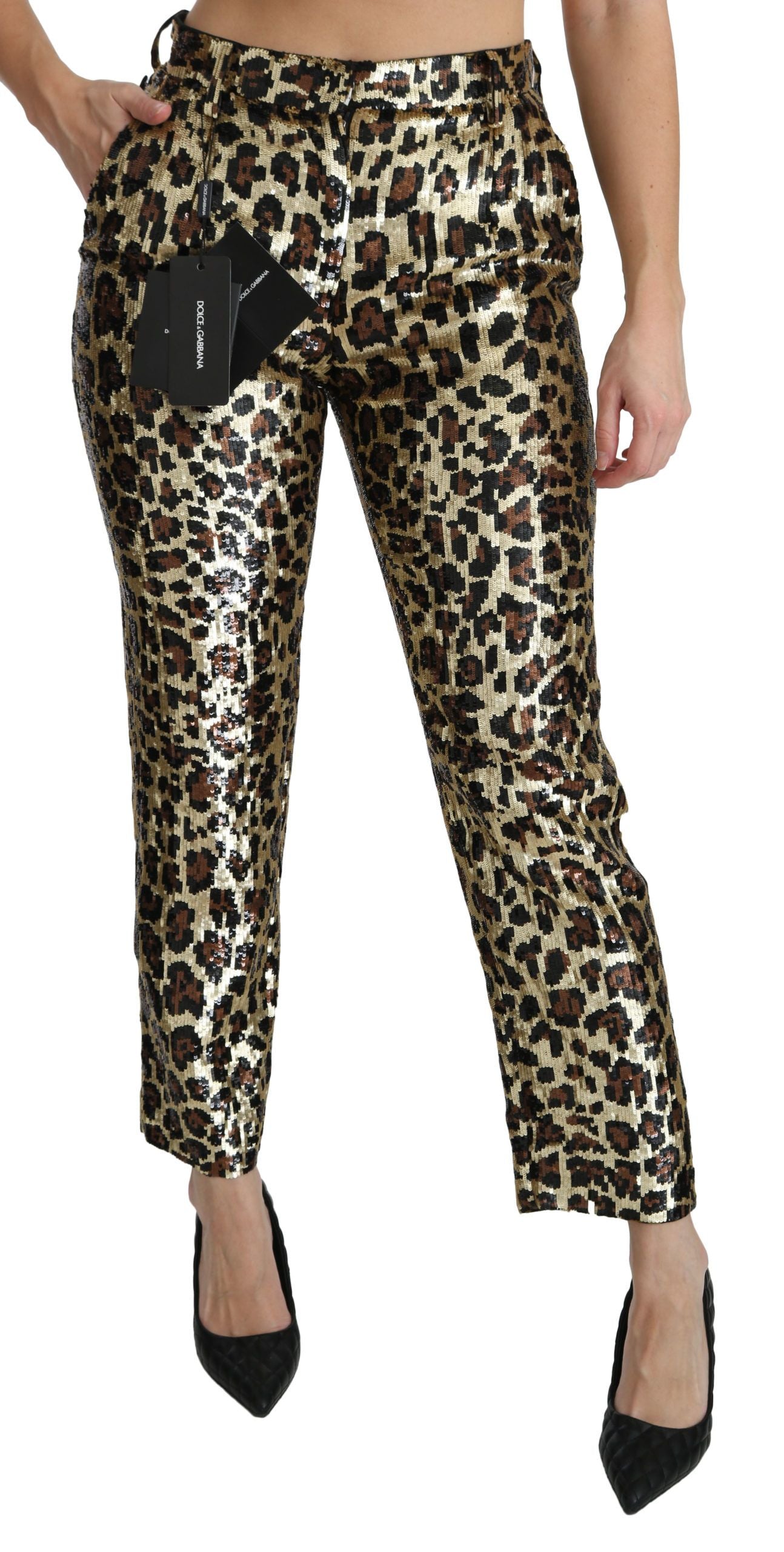 Pantalons marron à imprimé léopard et sequins de haute taille Dolce & Gabbana, détail de la texture et du style élégant.