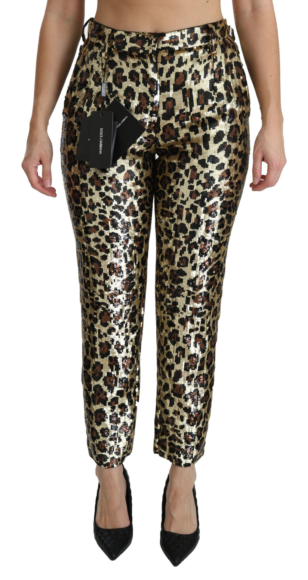 Pantalon en sequins à taille haute Dolce & Gabbana à motif léopard marron, style sophistiqué et tendance.