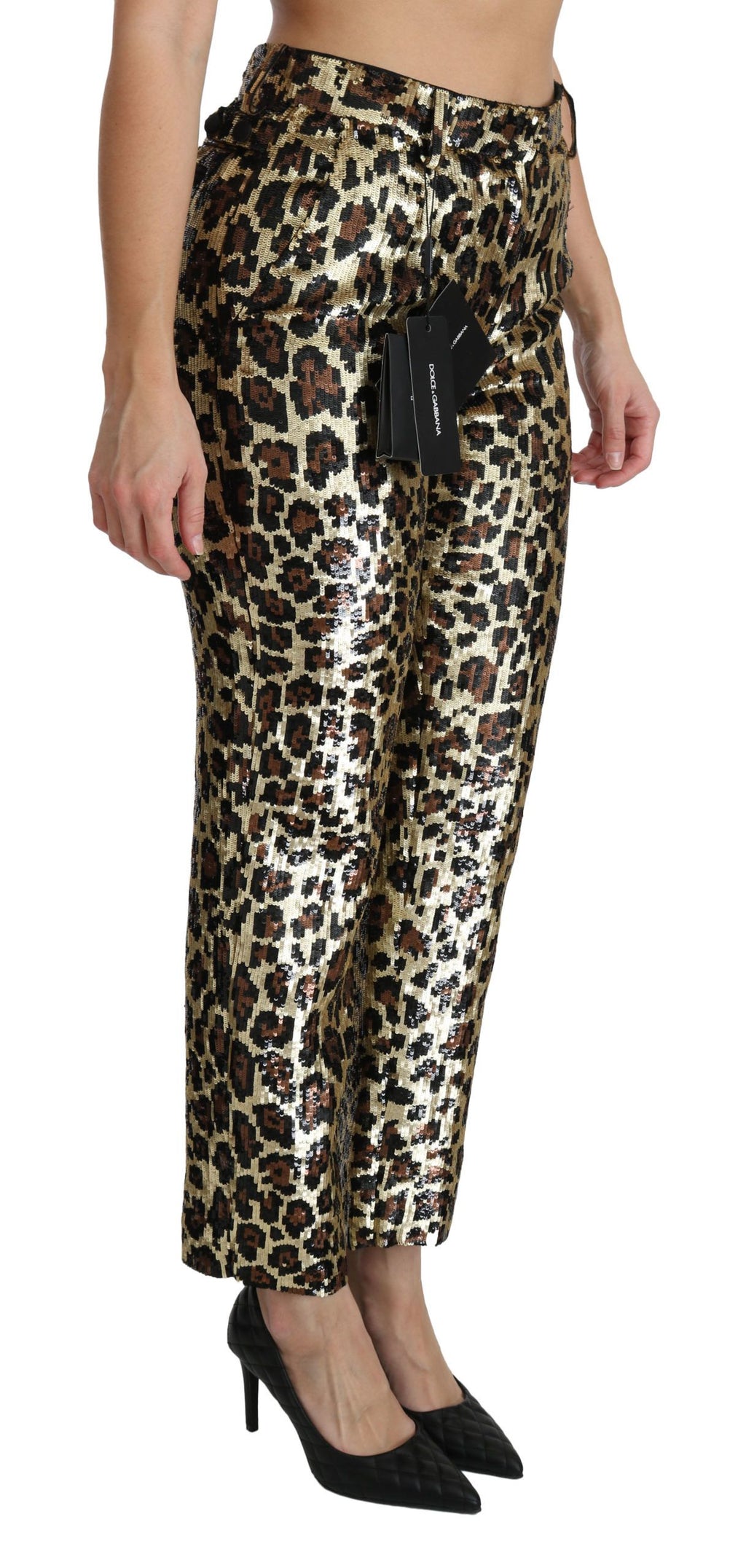 Pantalons hauts à taille haute en sequins léopard marron de Dolce & Gabbana, style élégant et tendance.