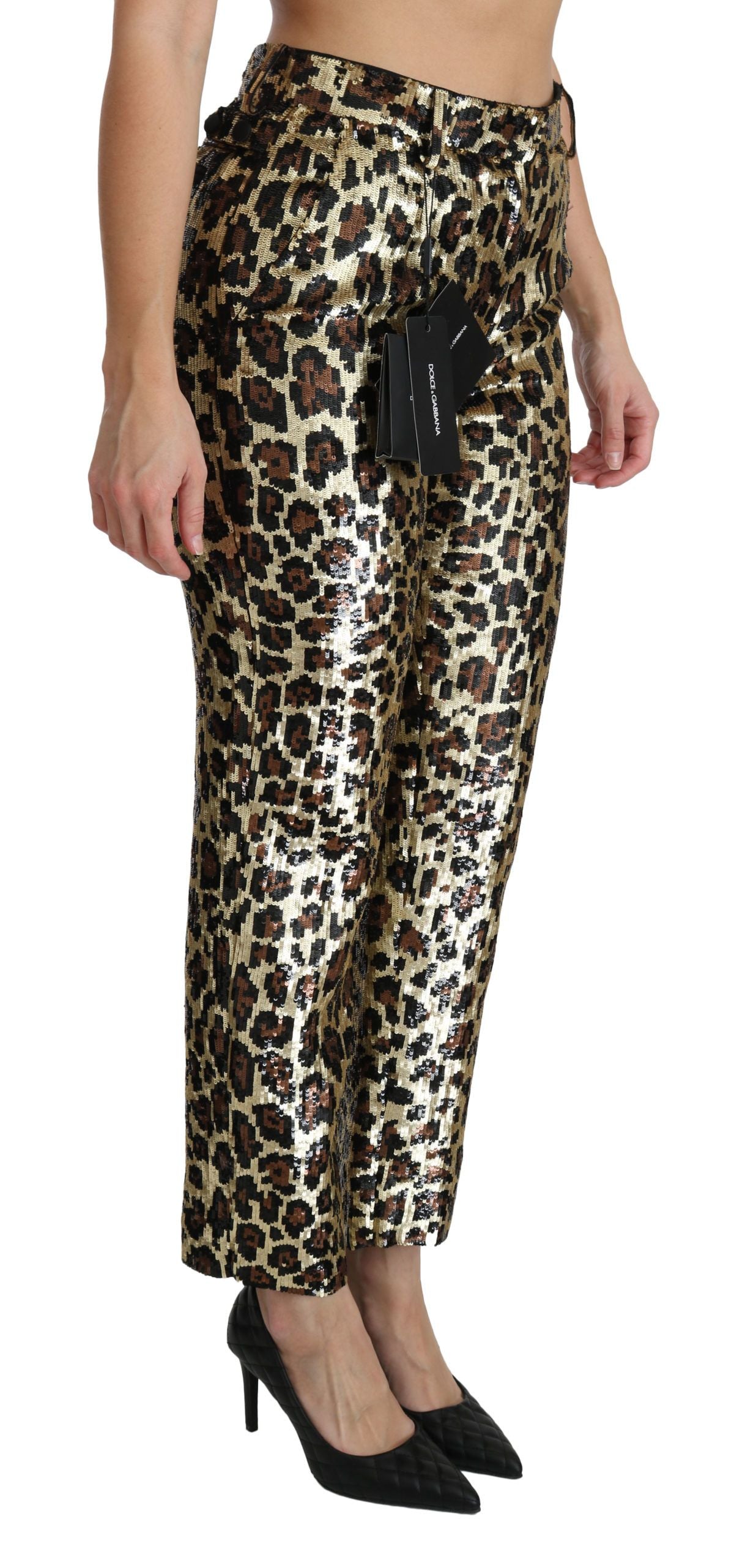 Pantalons hauts à taille haute en sequins léopard marron de Dolce & Gabbana, style élégant et tendance.