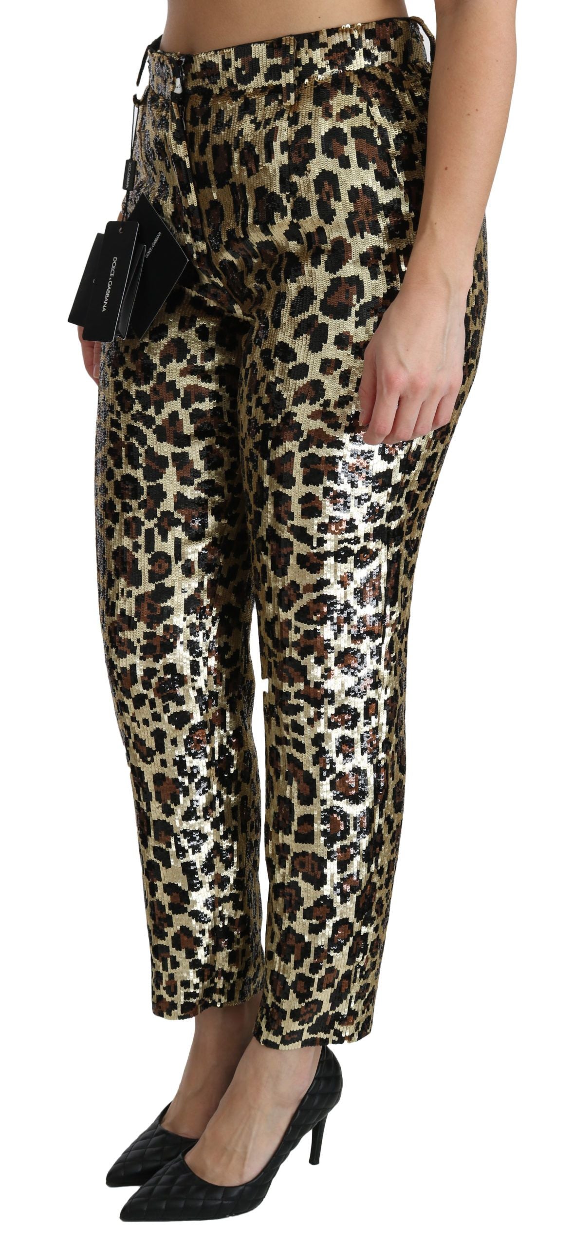 Pantalon à taille haute Dolce & Gabbana à motif léopard brun avec sequins, style élégant et tendance.