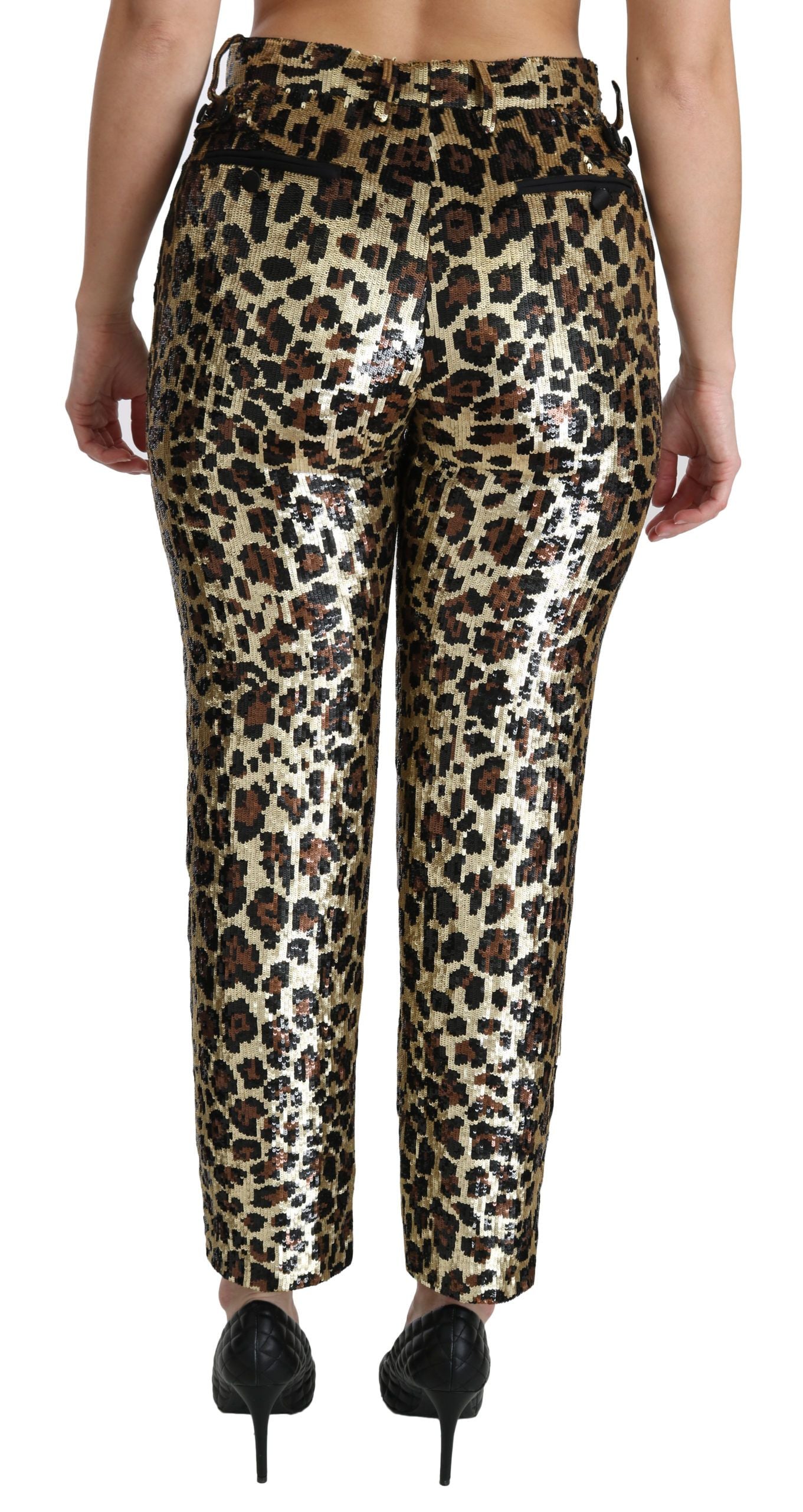 Pantalon haut taille Dolce & Gabbana en sequins marron léopard, style élégant et tendance, visible avec motif animalier.