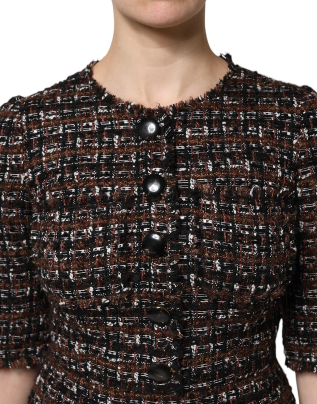 Robe mini en tweed marron à manches courtes de Dolce & Gabbana, style en A-line, élégante et sophistiquée.