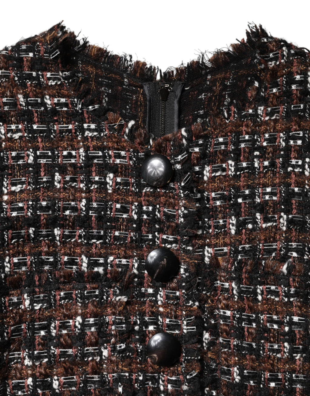 Robe courte en tweed marron Dolce & Gabbana à manches courtes et coupe évasée, vue de face.