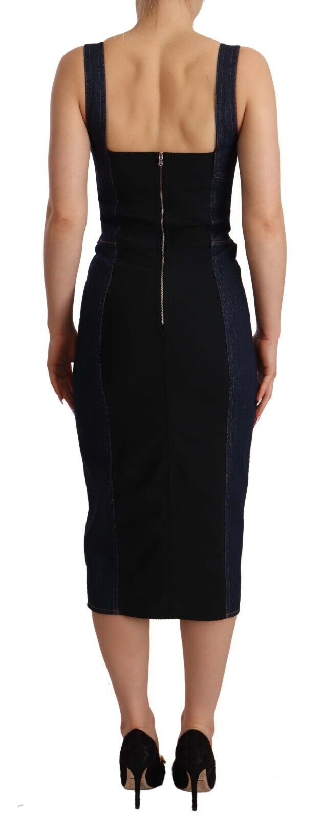 Robe midi en denim coton bleu foncé de Dolce & Gabbana, coupe ajustée, sans manches, pour femme.