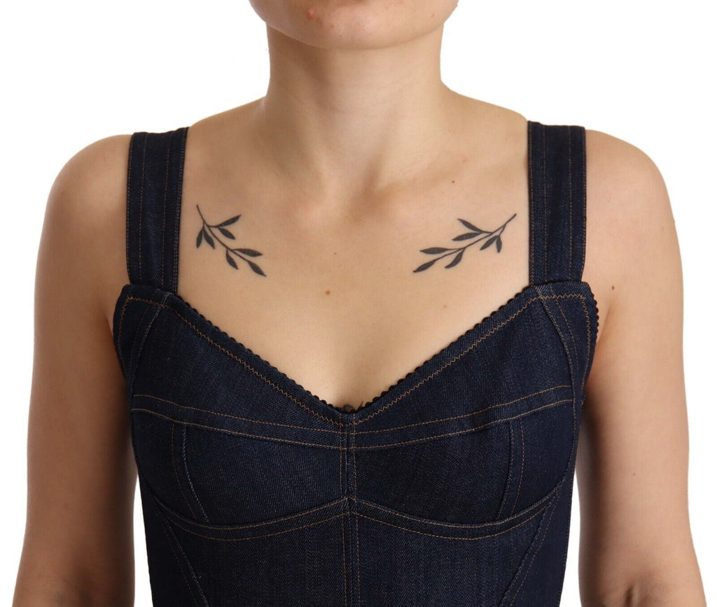 Robe midi en denim coton bleu foncé de Dolce & Gabbana, style ajusté et élégant pour femme, vue de face.