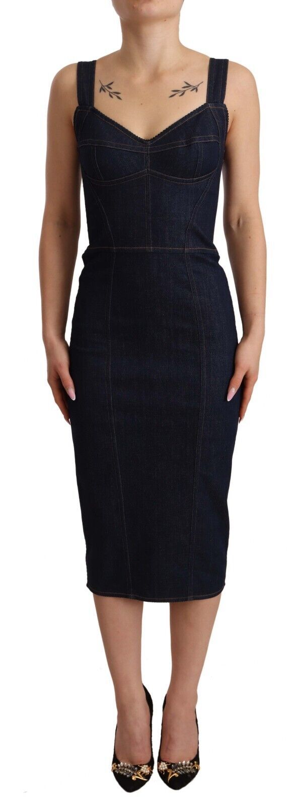 Robe midi en denim coton bleu foncé Dolce & Gabbana, coupe ajustée, style sophistiqué pour femme.