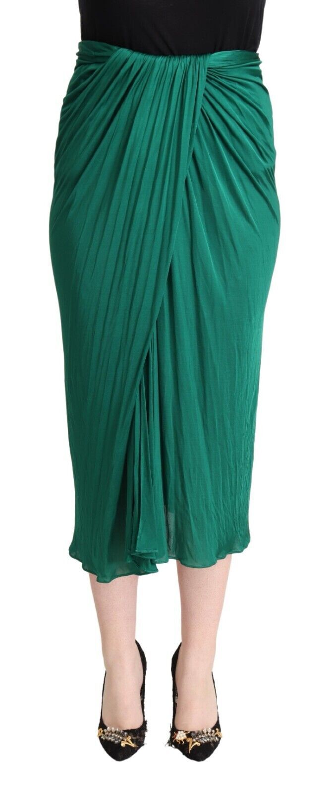 Jupe plissée verte foncée à taille haute de style midi et crayon par Dolce & Gabbana, vue de face.