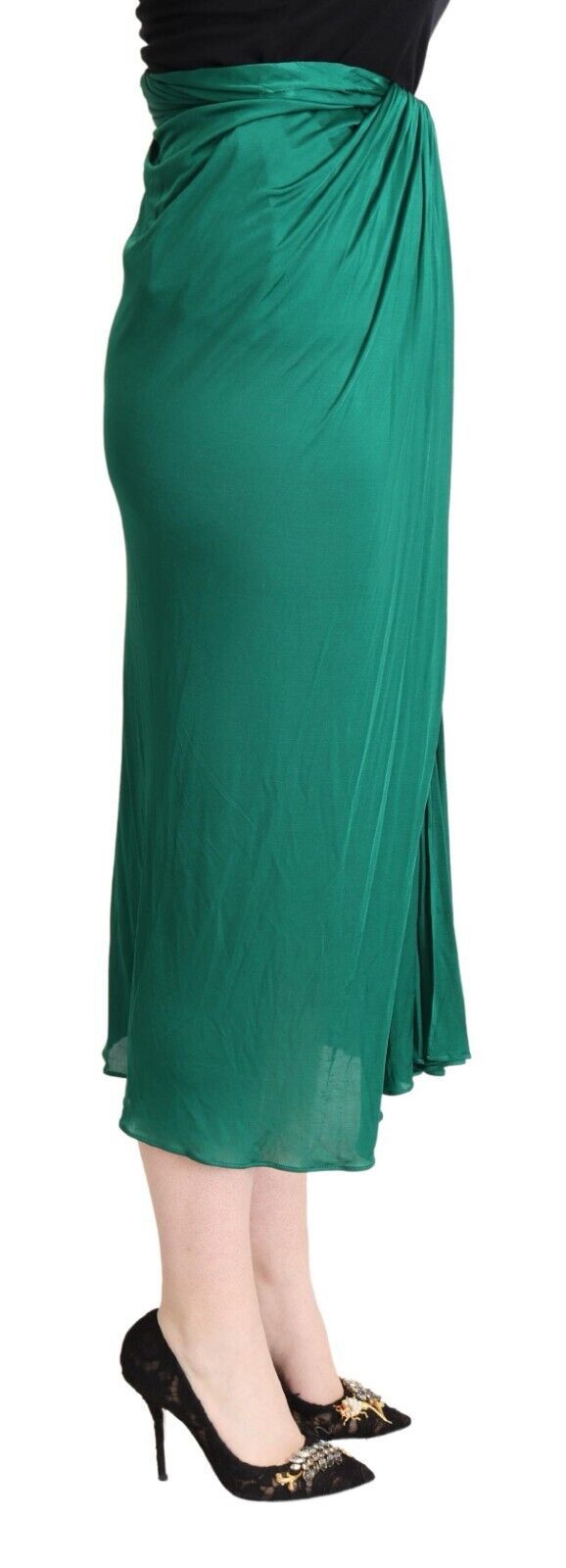 Jupe midi plissée à taille haute de couleur vert foncé Dolce & Gabbana, coupe pencil, tissu fluide et élégant.