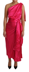 Robe rose Dolce & Gabbana ajustée, moulante, coupe asymétrique avec une épaule, robe midi élégante et sophistiquée.