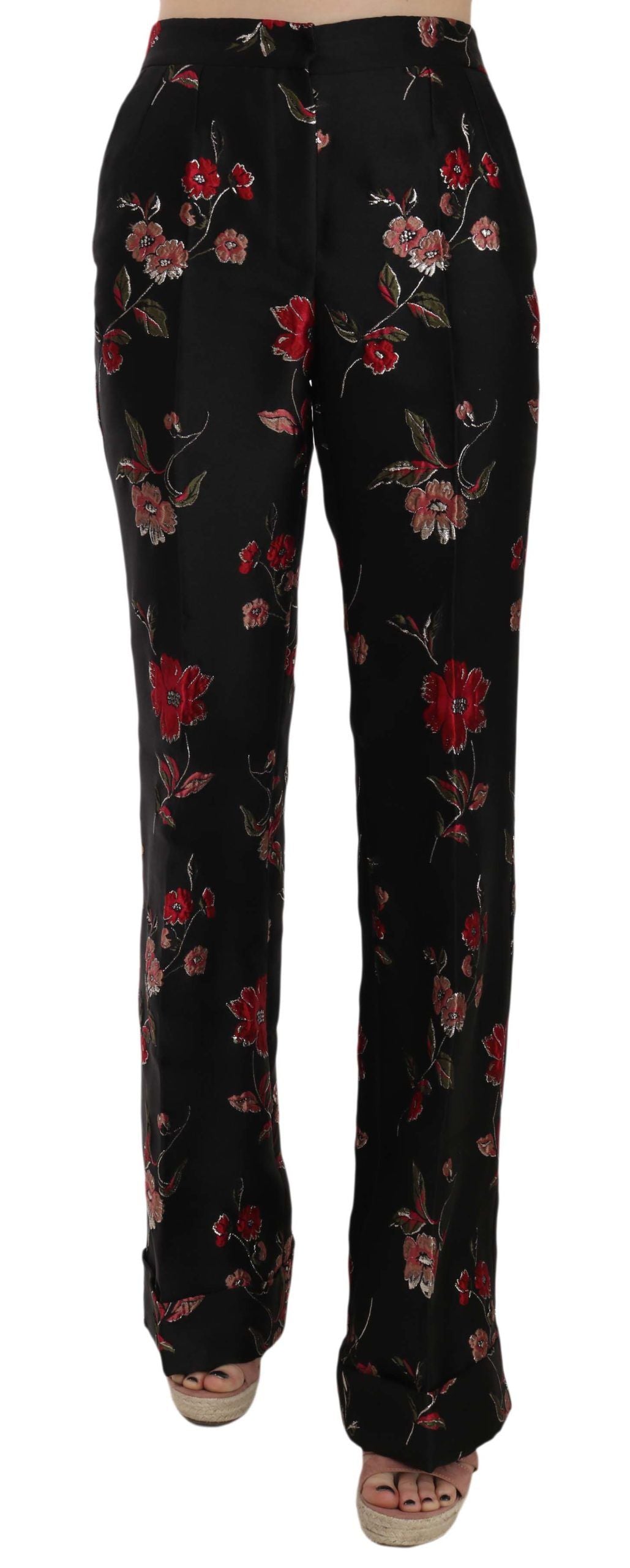 Pantalon noir à fleurs à coupe boot cut de Dolce & Gabbana, style élégant et tendance, en tissu fluide.