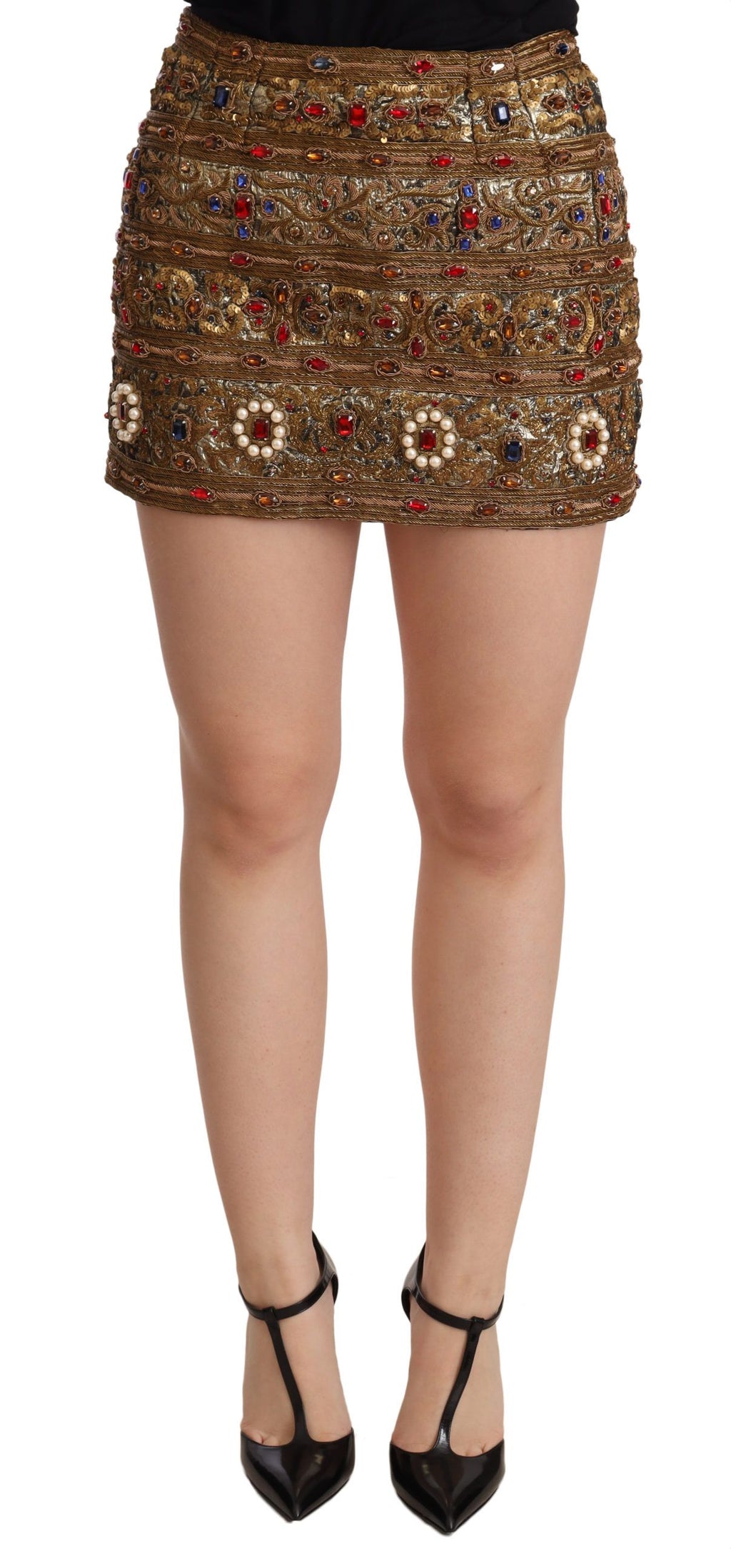 jupe en jacquard doré avec cristaux à taille haute de Dolce & Gabbana, détail élégant et sophistiqué