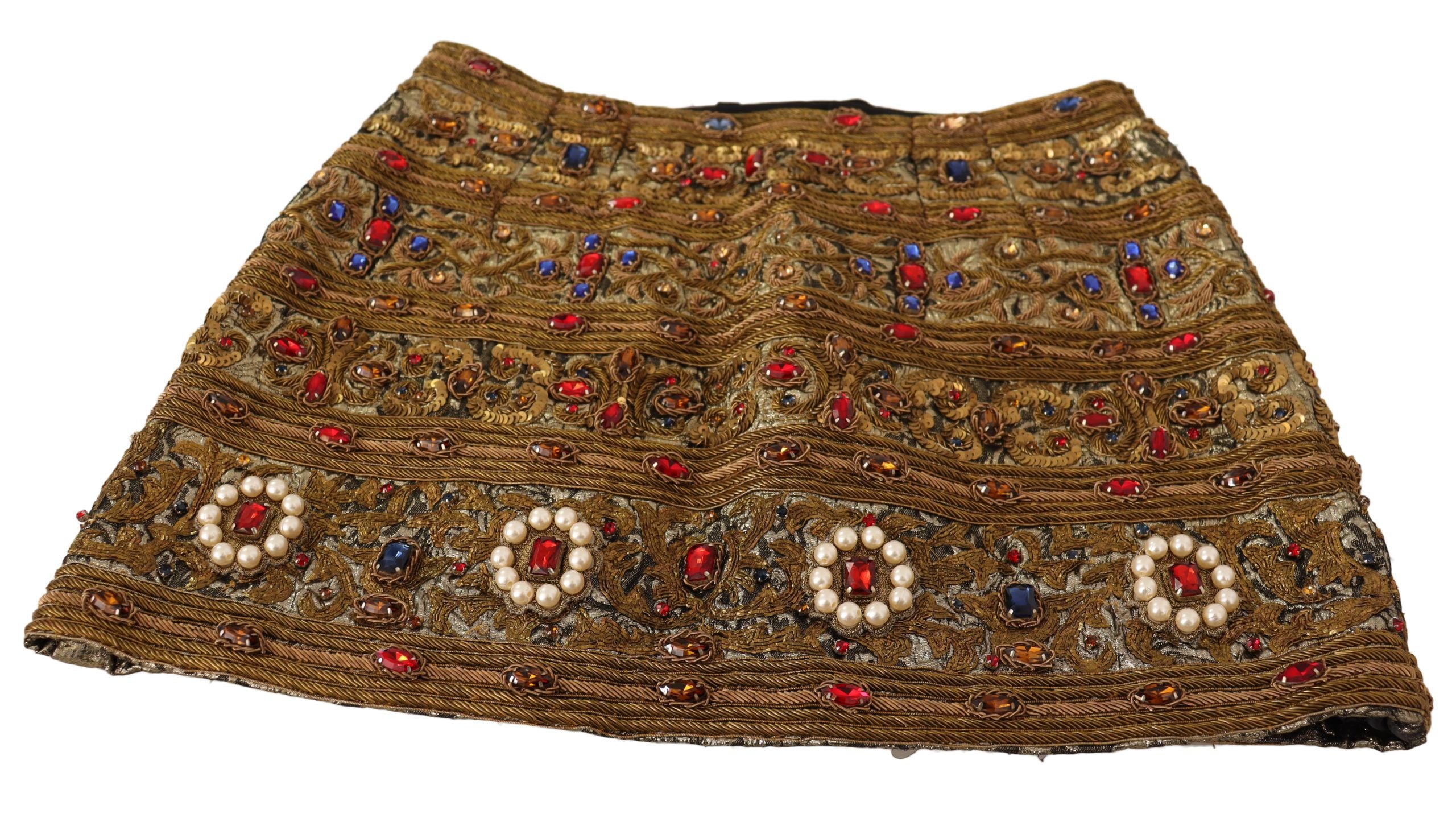 Jupe haute taille en jacquard doré avec cristaux de Dolce & Gabbana, élégante et sophistiquée, visible en gros plan.