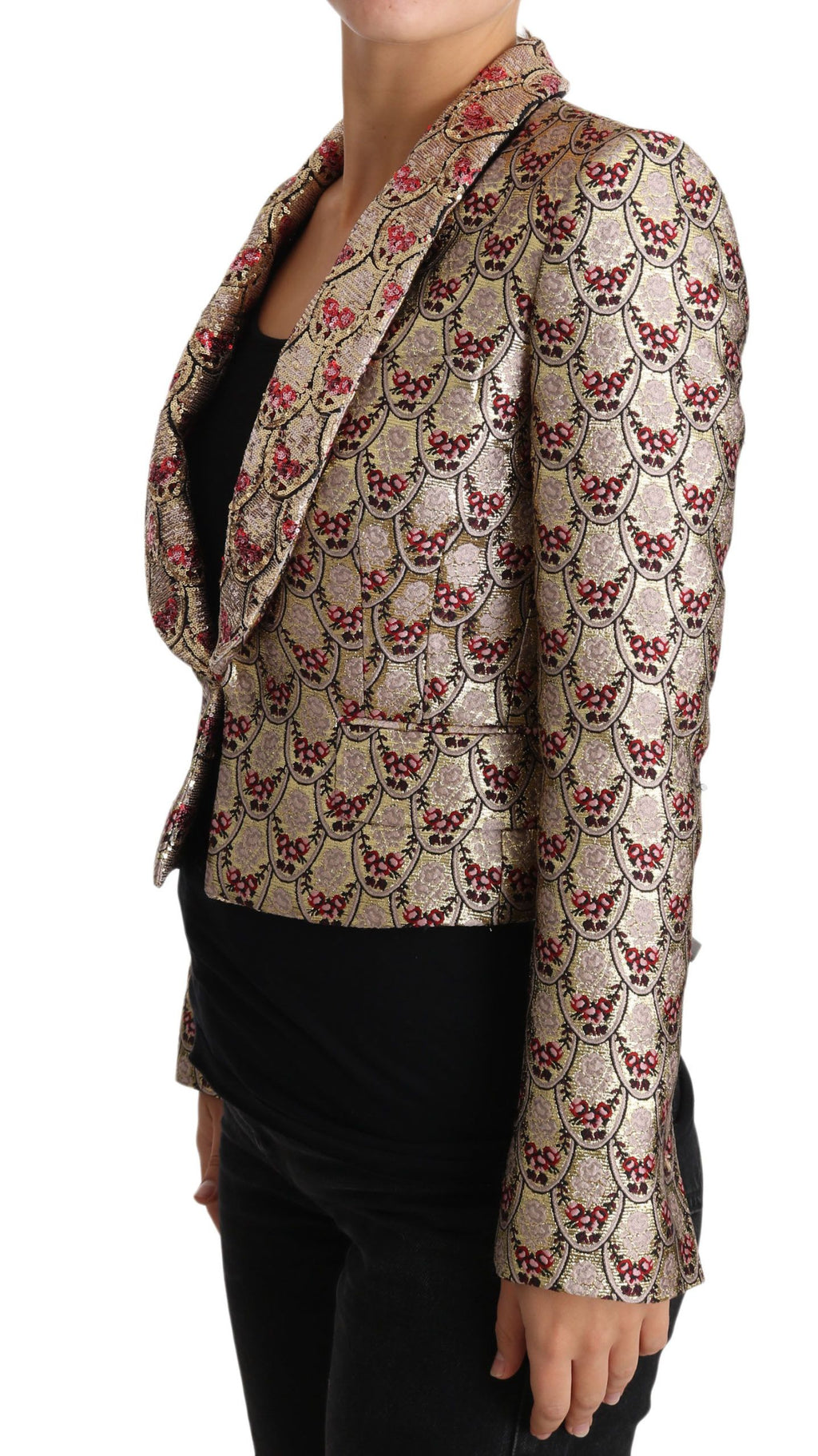 Blazer Dolce & Gabbana doré avec motifs floraux en sequins, veste élégante à manches longues et col en satin doré.