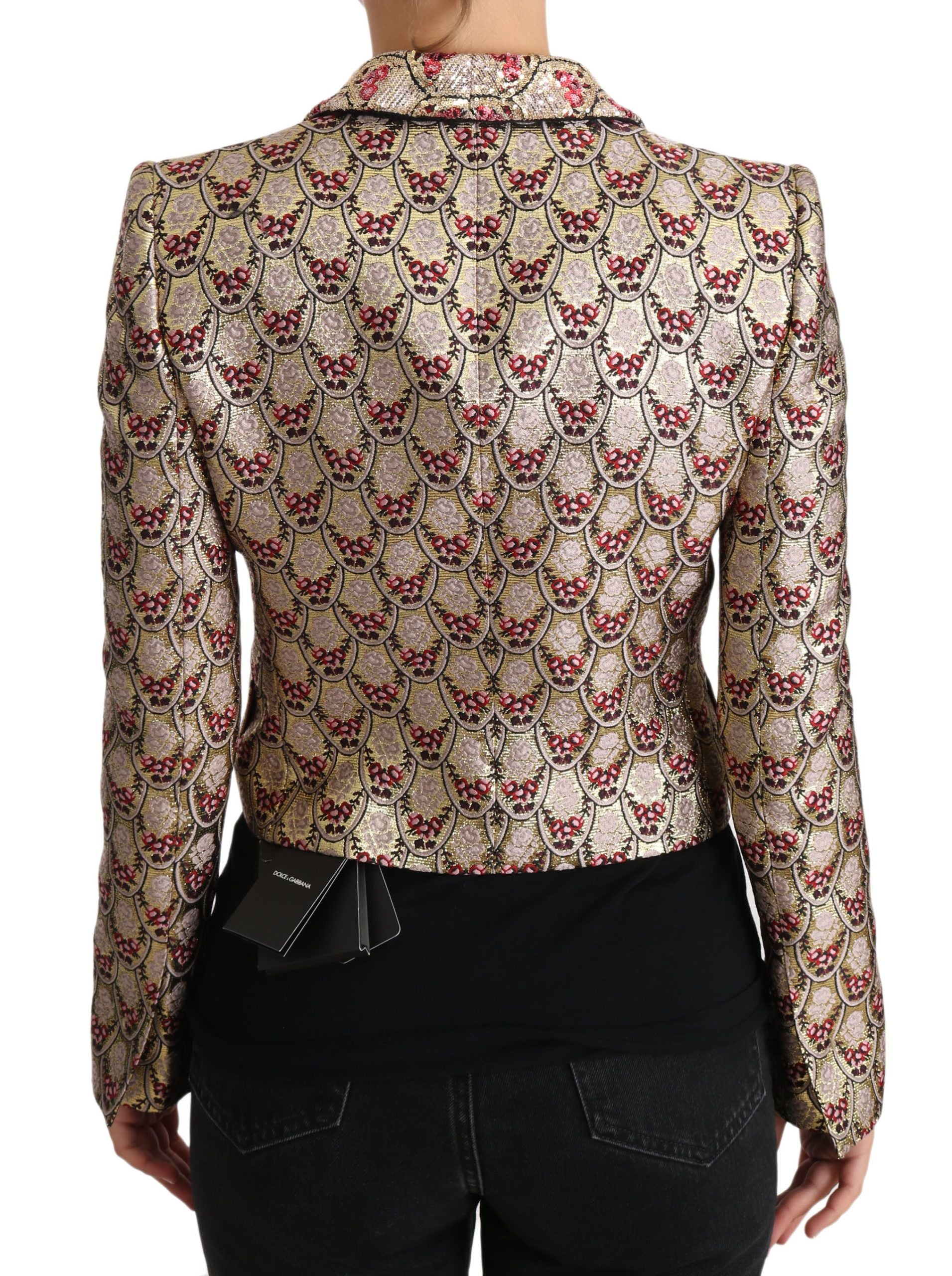 Blazer Dolce & Gabbana en sequins dorés avec motif floral, veste élégante en tissu brillant, mode luxe pour femmes.