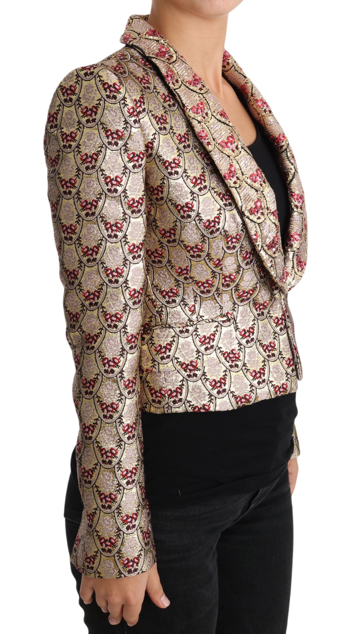 Veste blazer Dolce & Gabbana en or avec motifs floraux et sequins, élégante et sophistiquée, vue de face.