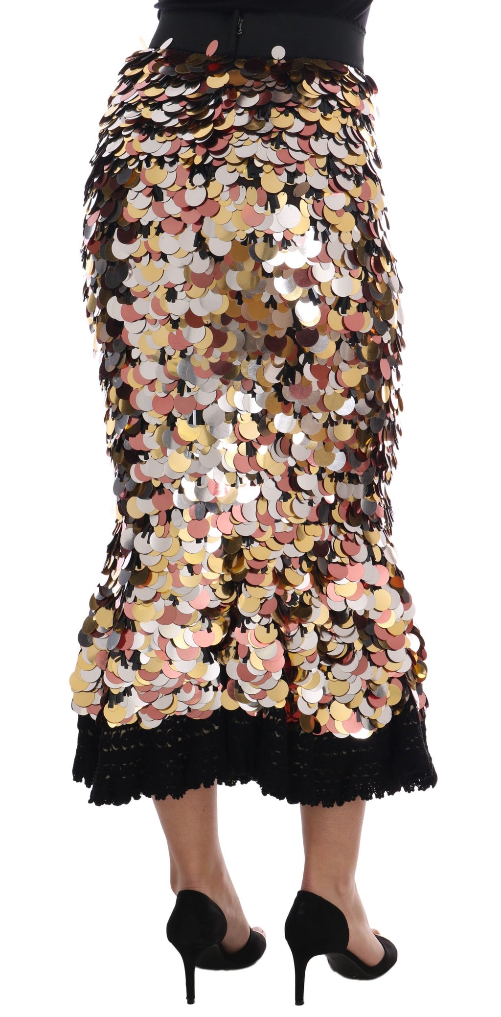 Jupe dorée à sequins Dolce & Gabbana à taille haute et peplum, élégante et brillante, vue de face.