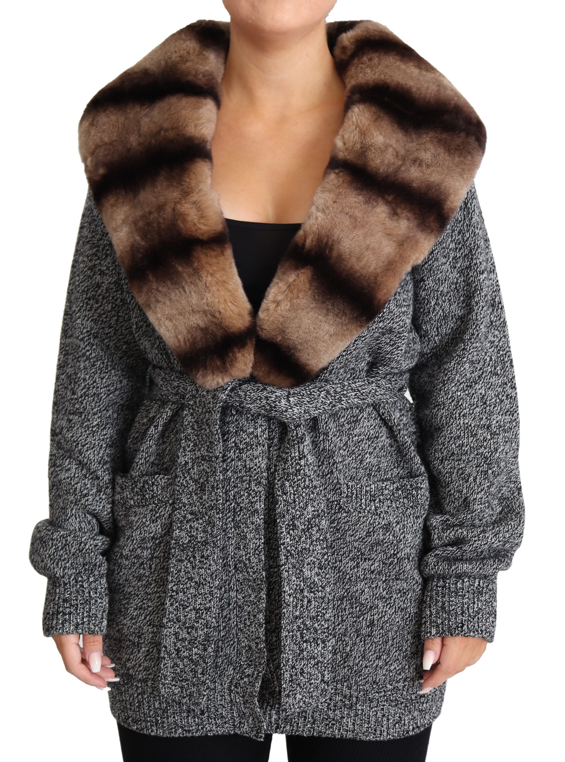 Veste en cachemire gris Dolce & Gabbana avec détails en fourrure, cardigan élégant pour femme.