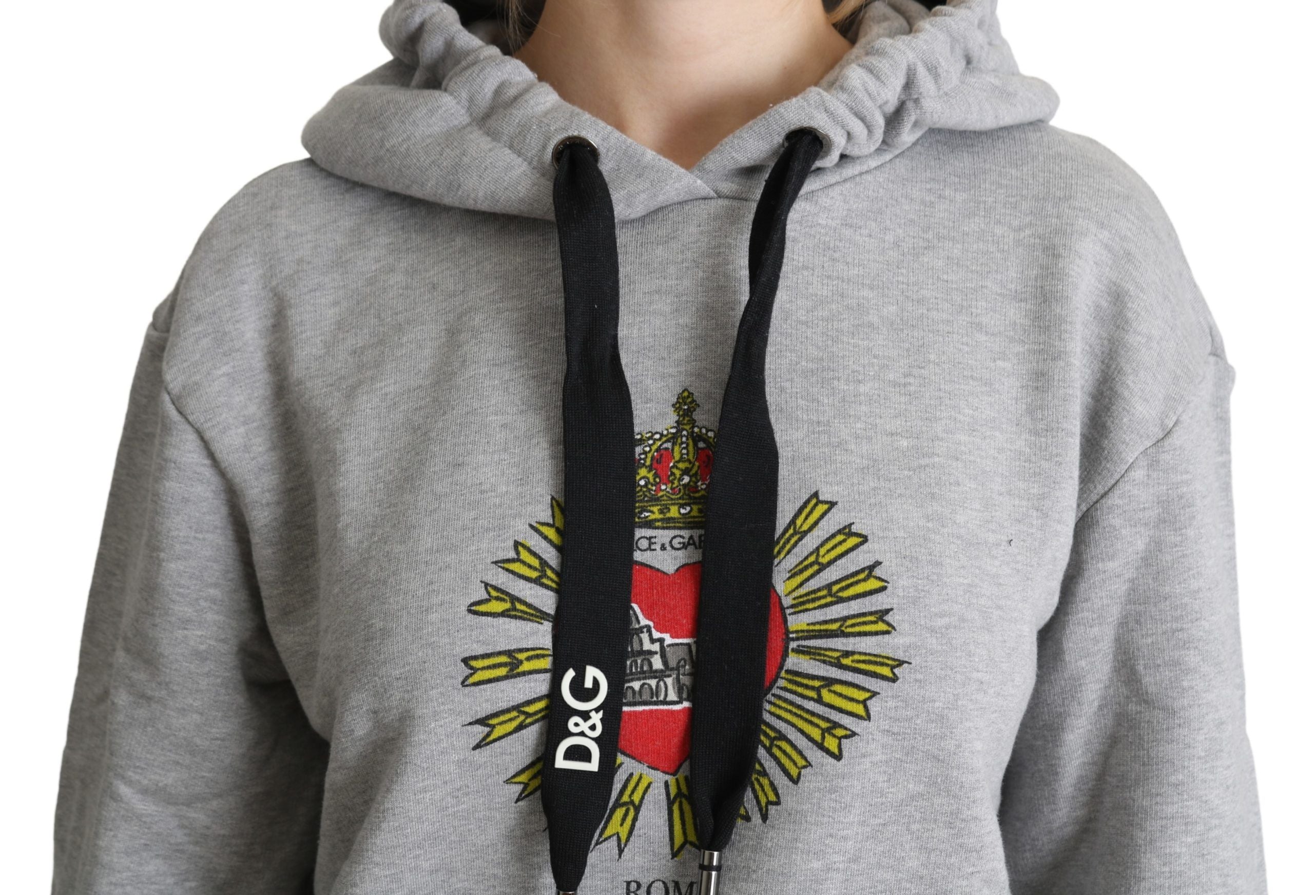 Sweat à capuche gris imprimé avec logo Dolce & Gabbana, pull exclusif en coton, détails de logo sur la poitrine.