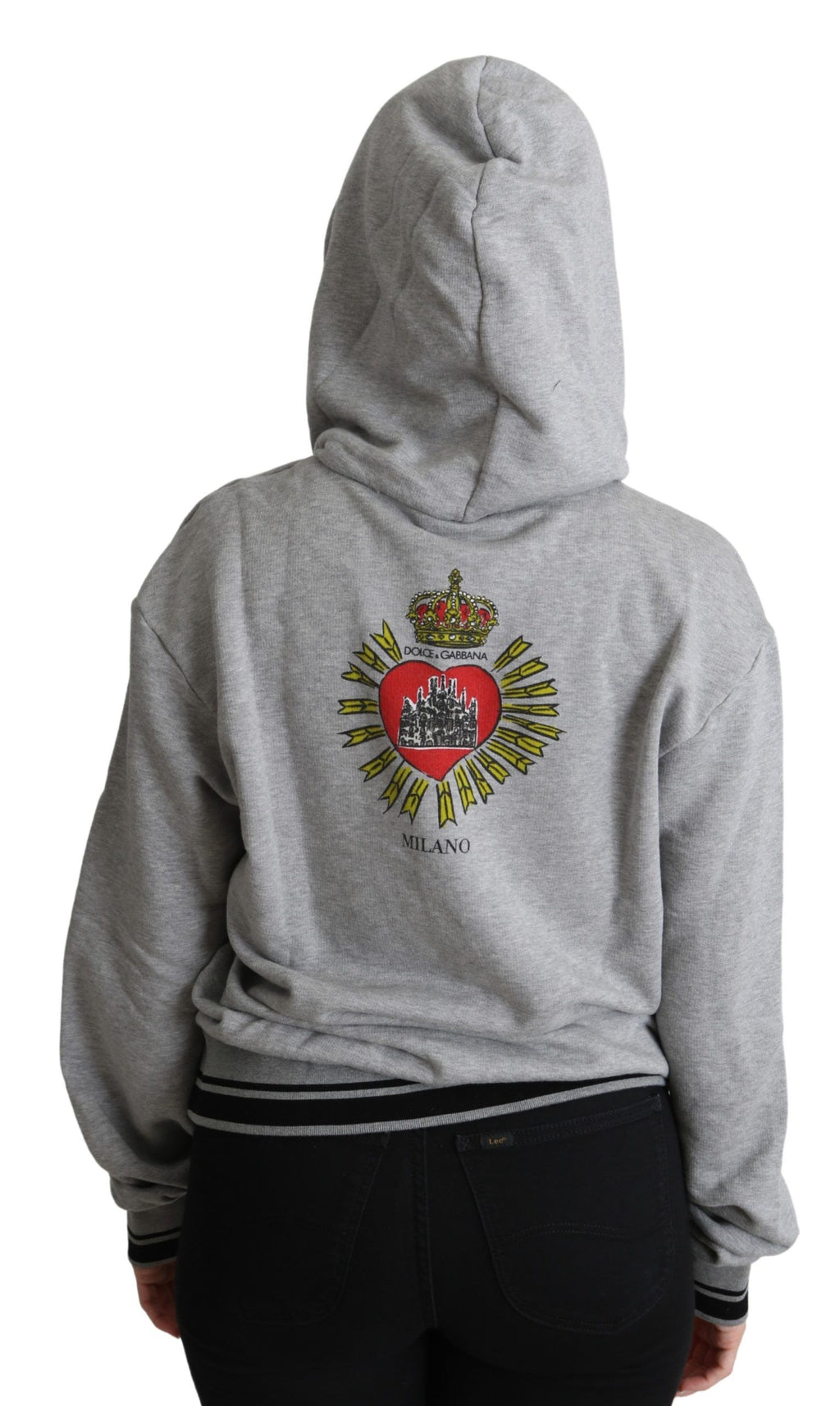 Sweat à capuche gris imprimé Dolce & Gabbana avec logo exclusif, manche longue et design élégant visible sur l'image.
