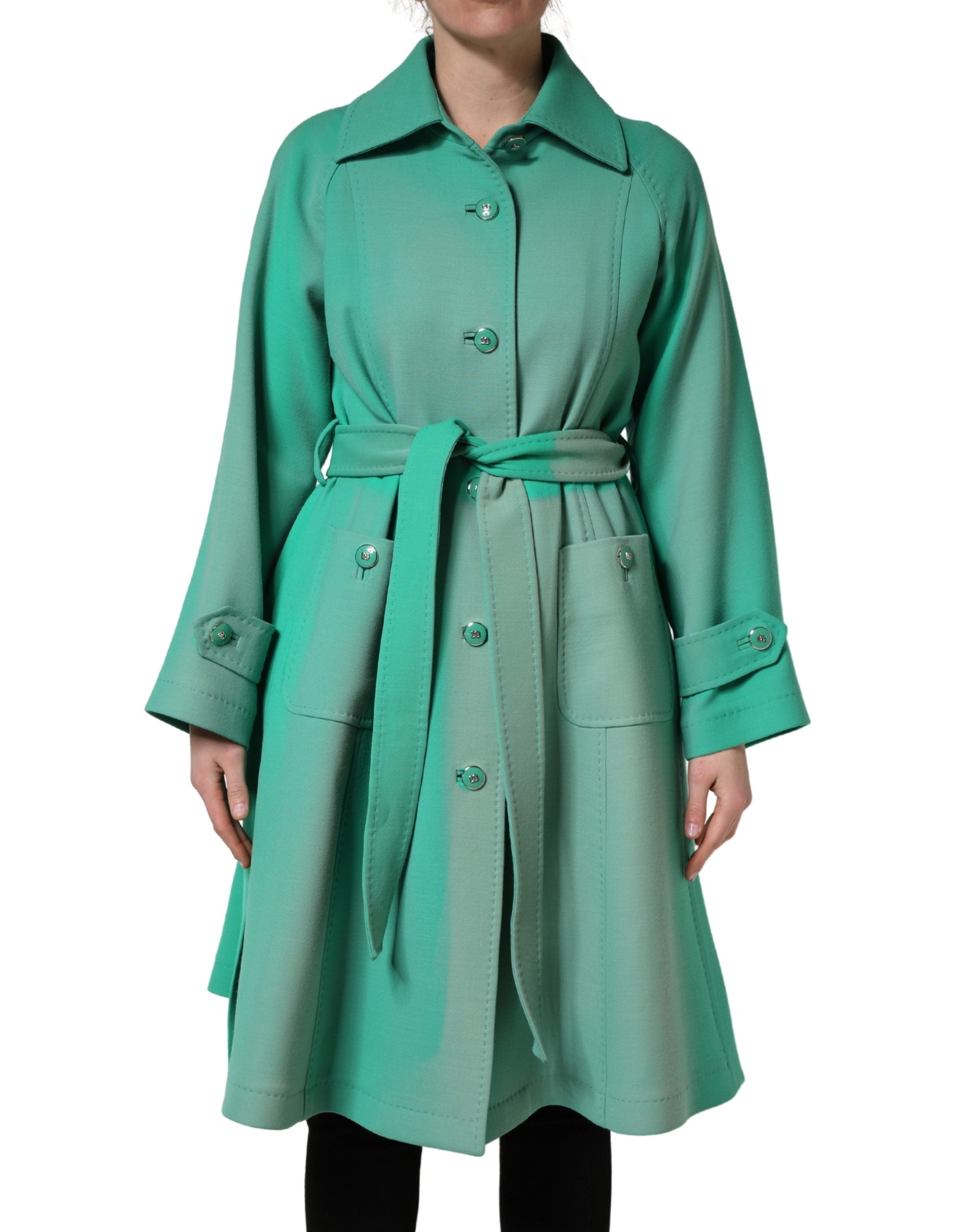 Manteau trench vert Dolce & Gabbana avec boutons, veste élégante en tissu léger, portée décontractée ou formelle.