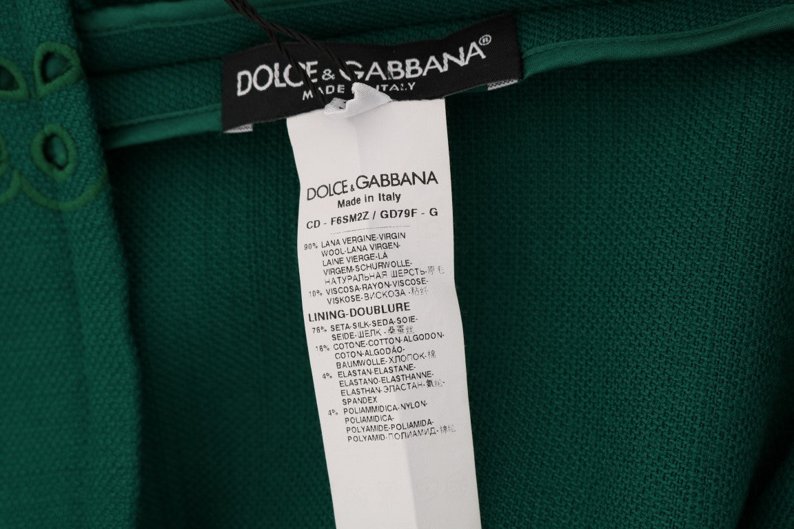 Robe Dolce & Gabbana en soie et laine verte à motifs floraux avec découpes élégantes, vue de face.